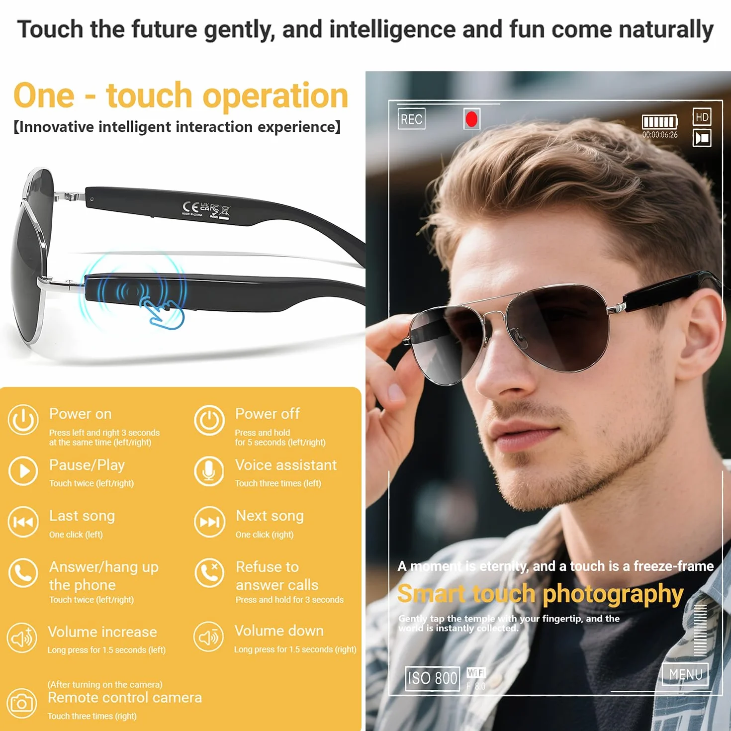 LONGLU Lunettes intelligentes, lunettes intelligentes AI avec application Hyper MZT – Traduction en temps réel de plus de 100 langues, photographie tactile, protection UV400 et Bluetooth 5.4 (marron)