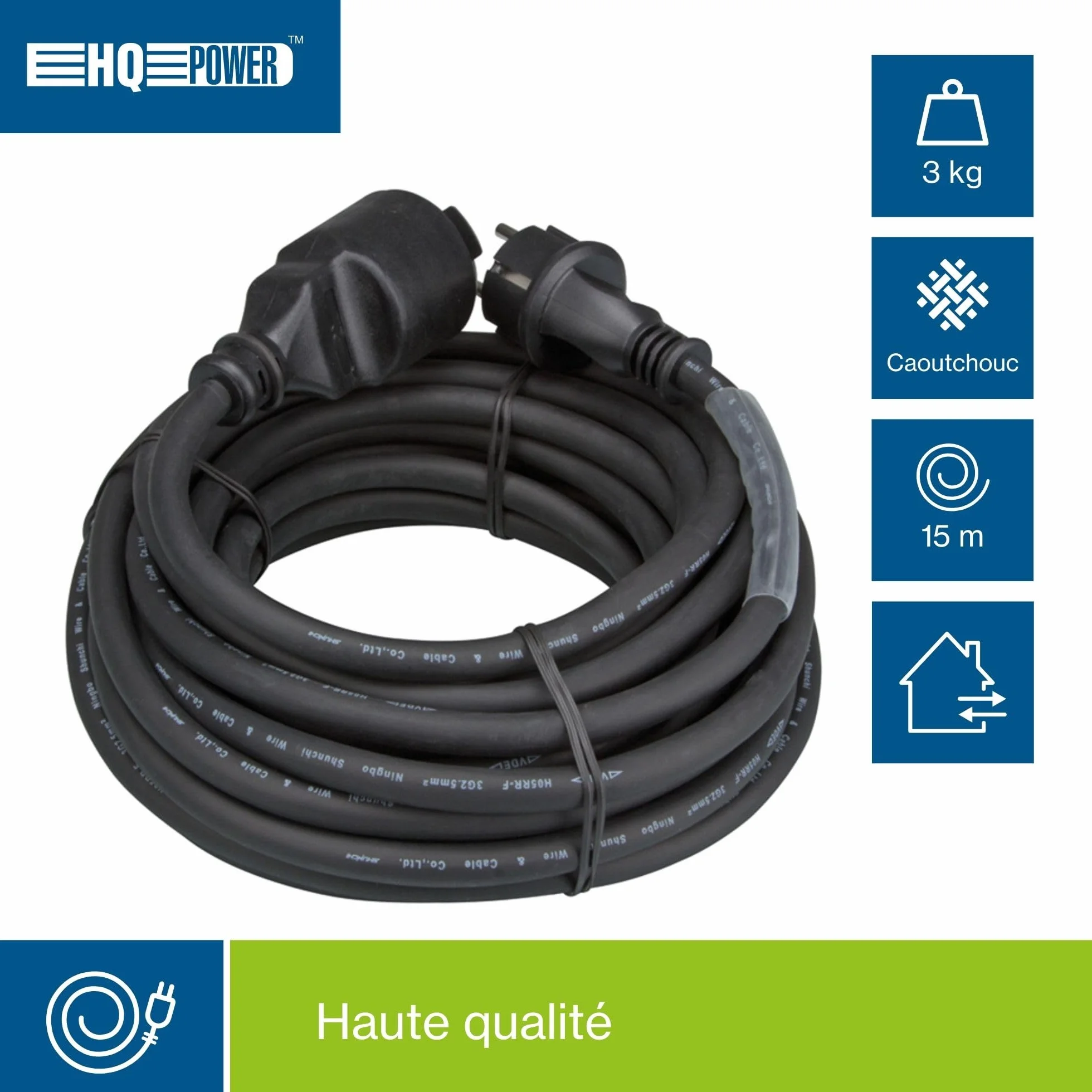 HQ-Power Rallonge, avec gaine rétractile, H05RR-F 3G2.5, 15 m, 16 A/230 V, 3680 W, type E/F, IP44, caoutchouc, noir