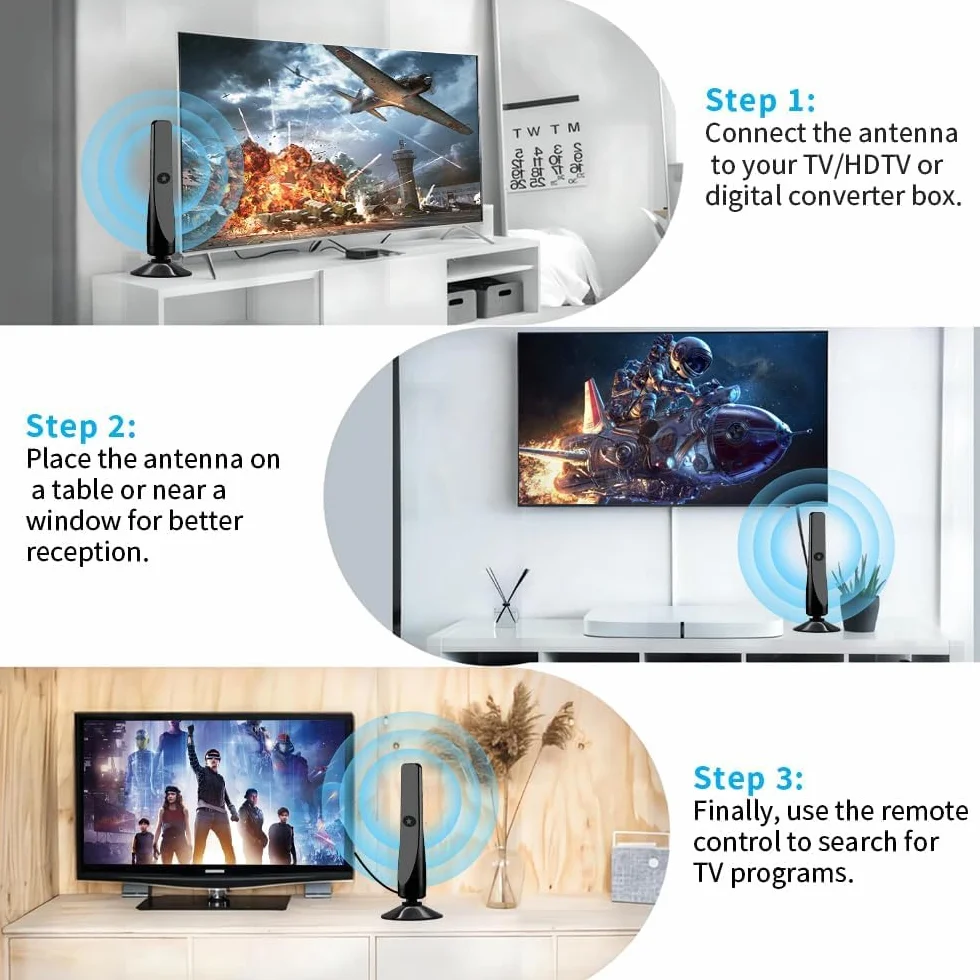 Antenne TV Intérieur Puissante, Antenne TNT HD Intérieure avec Amplificateur de Signal Intelligent, Câble Coaxial 3M, Compatible HD TV 1080P 4K VHF UHF, Réception Toutes Les Chaînes Gratuites