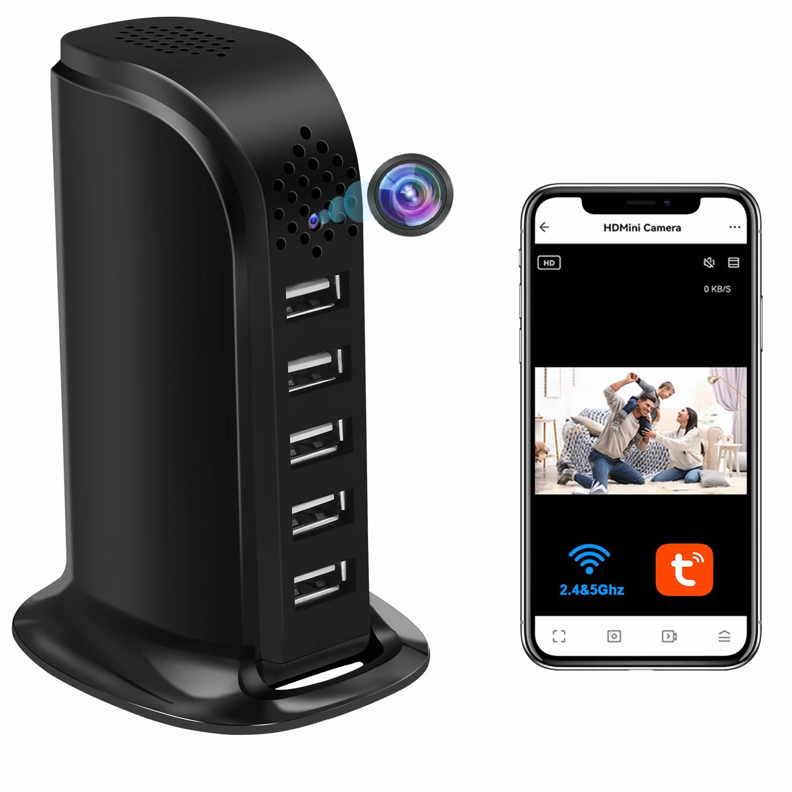 Caméra Espion WiFi 2.4 & 5G, Chargeur USB à 5 Ports avec Mini Caméra Espion Cachée, HD 1080P Micro Camera Cachée WiFi Supportant la Détection de Mouvement et l'enregistrement en Boucle