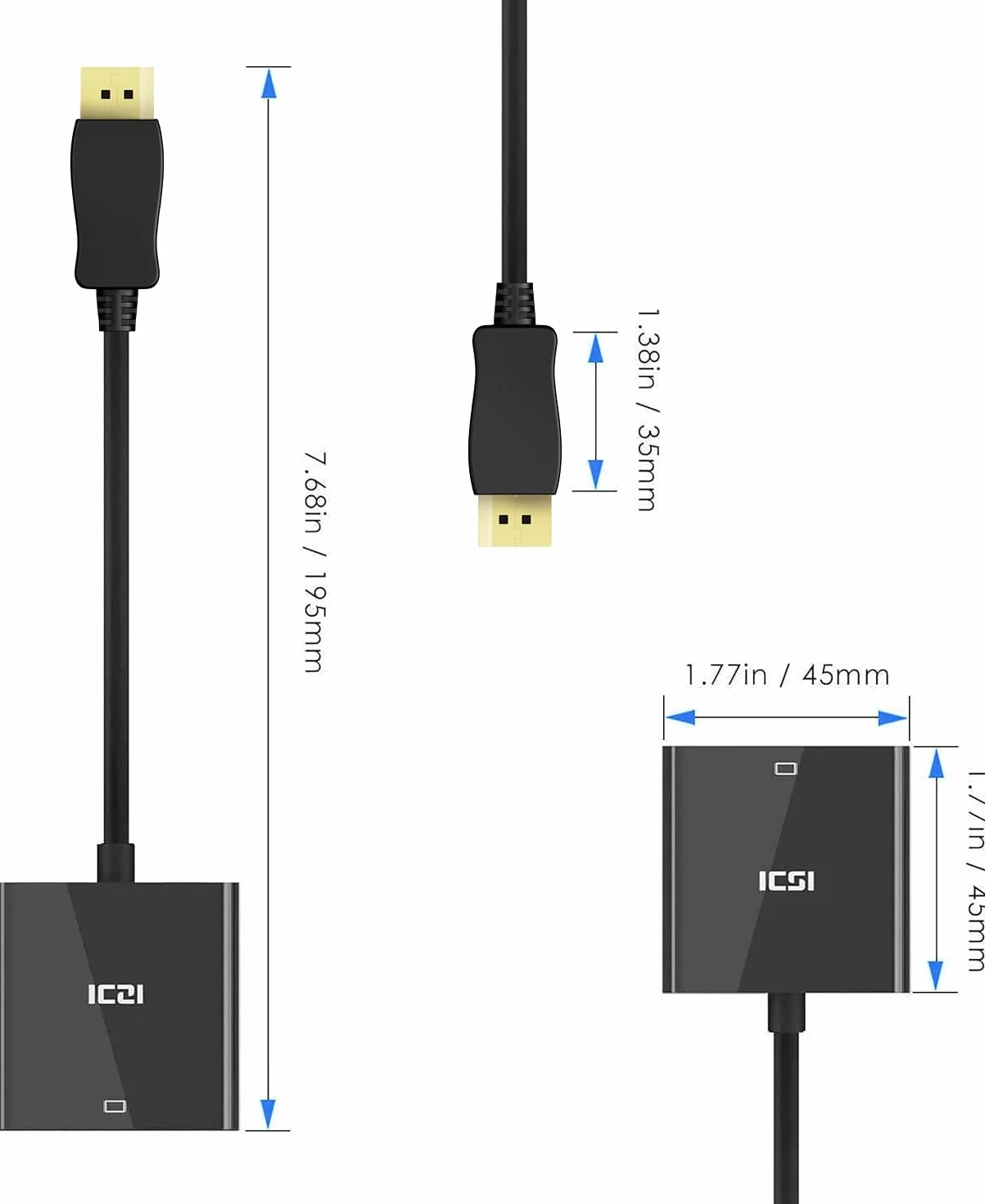 ICZI Adaptateur DisplayPort vers VGA 1080P,Convertisseur DP Mâle vers VGA Femelle Full HD Noir pour PC,TV,Ecran,Projecteur