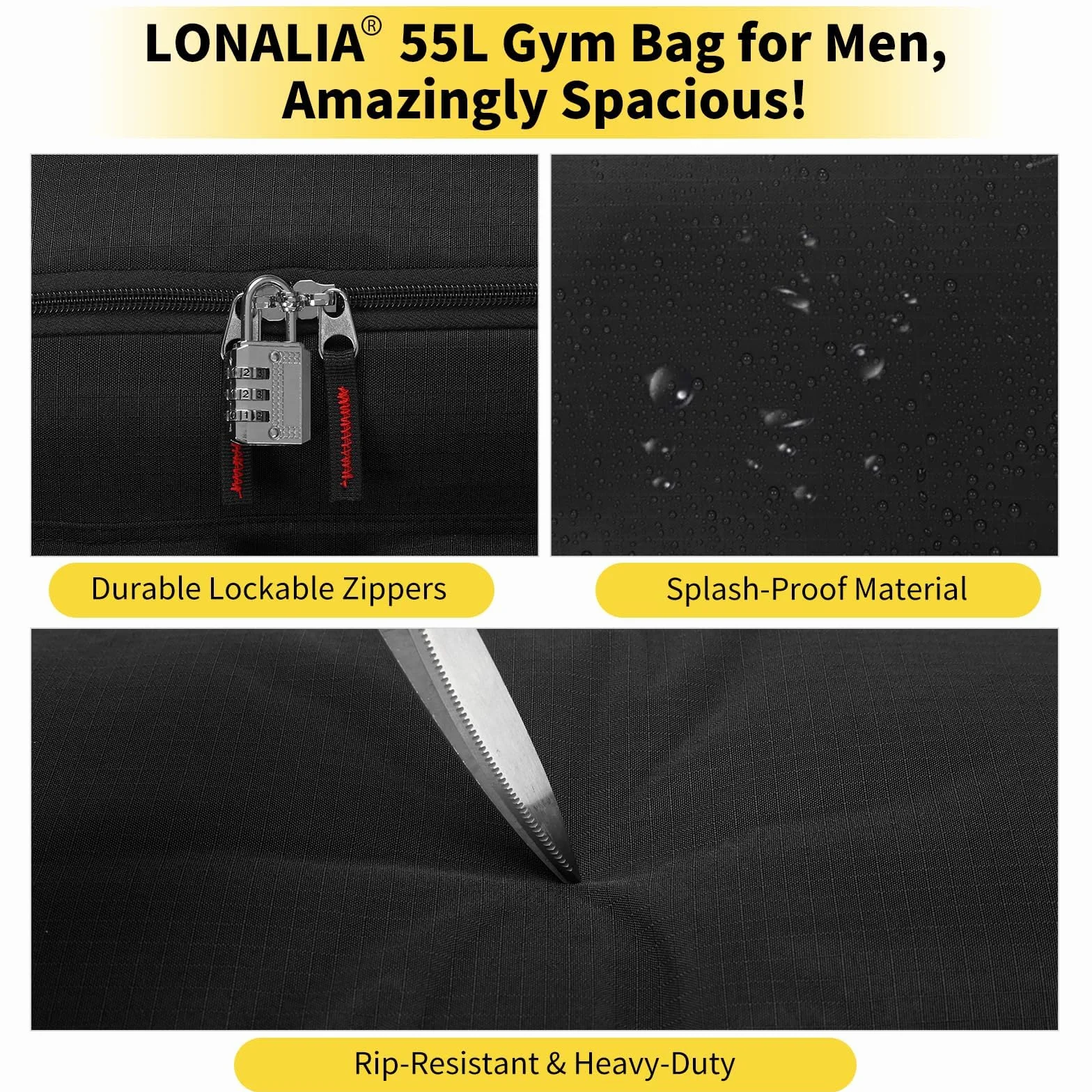 Grand Sac de Sport Homme 55L - Sac de Fitness Voyage Gym - Noir