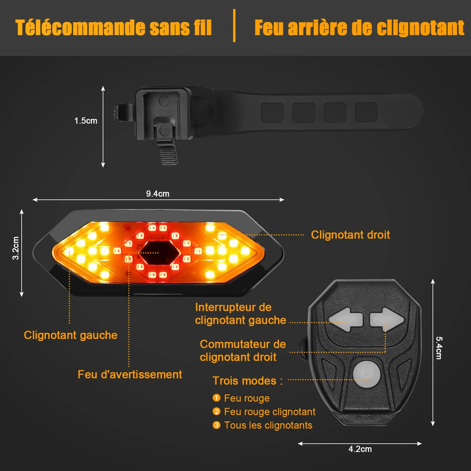 EBUYFIRE Feu Arrière Vélo avec Clignotants et Télécommande - 5 Modes LED, IPX4 Étanche, USB Rechargeable, Klaxon Intégré, Montage Universel