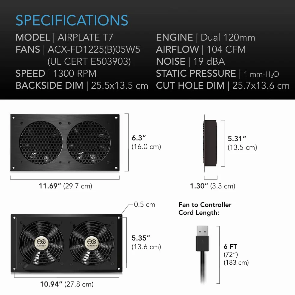 AC Infinity Airplate T7 Quiet Cooling Fan with Thermostat Control for Home Theater AV Cabinets