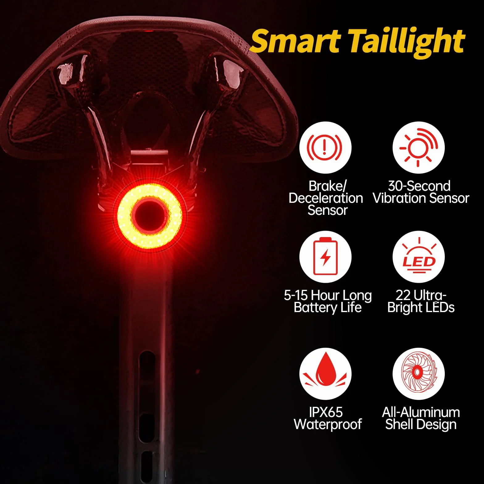 Feu Arrière Vélo Intelligent 22 LED USB C Rechargeable IP65 Étanche Aluminium