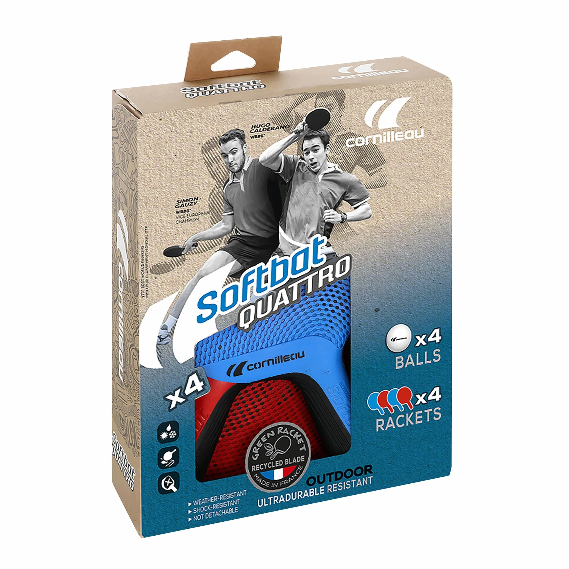 Cornilleau SOFTBAT Pack Quattro - 4 raquettes de ping-pong extérieur éco-conçues ultra durables + 4 balles