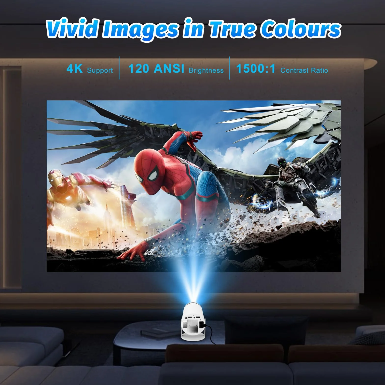 Mini projecteur 4K Support 1080P Smart WiFi 6 Android 11.0 BT 5.0 Écran 130'' Rotation 180° Correction Automatique Trapèze Portable