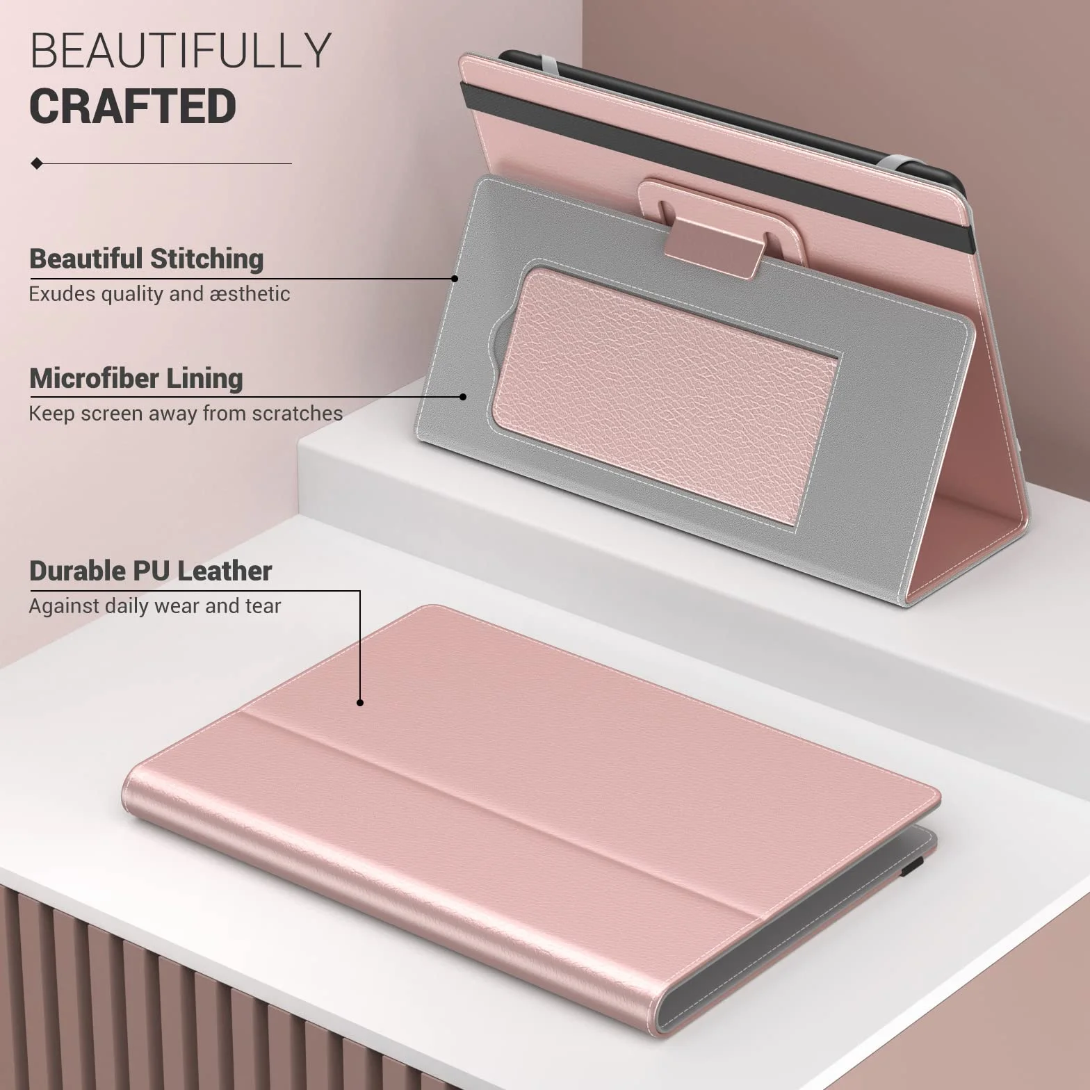 MoKo Étui Universel pour 6" 6.8" 7" Kindle eReaders Fire Tablette - Kindle/Kobo/Voyaga/Lenovo/Sony E-Book E-Reader Tablette, Coque en PU avec Support Réglable et Dragonne, Rosé