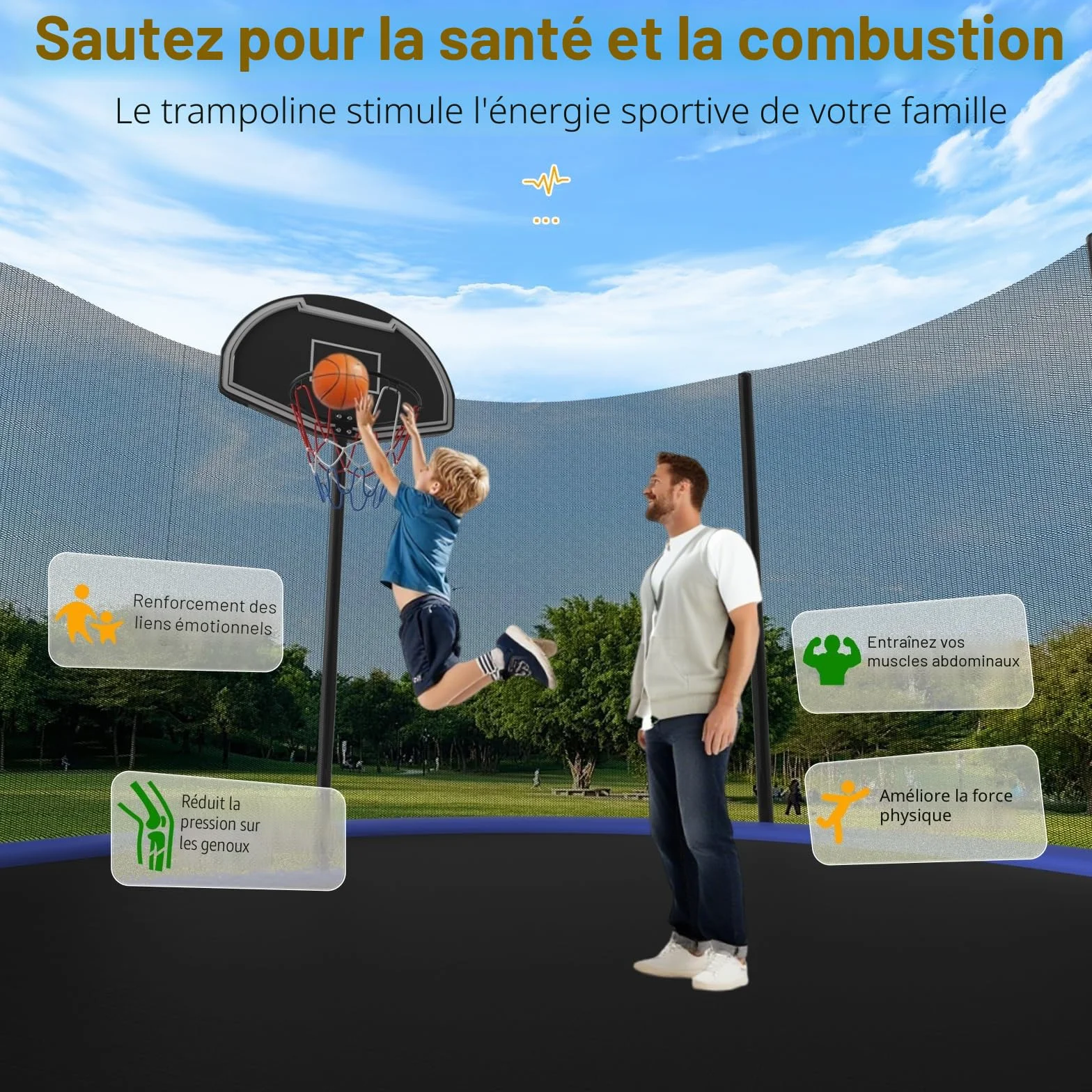 Trampoline d'extérieur 305/366 cm avec panier de basket-ball, échelle et revêtement antirouille - Charge maximale 200/272 kg