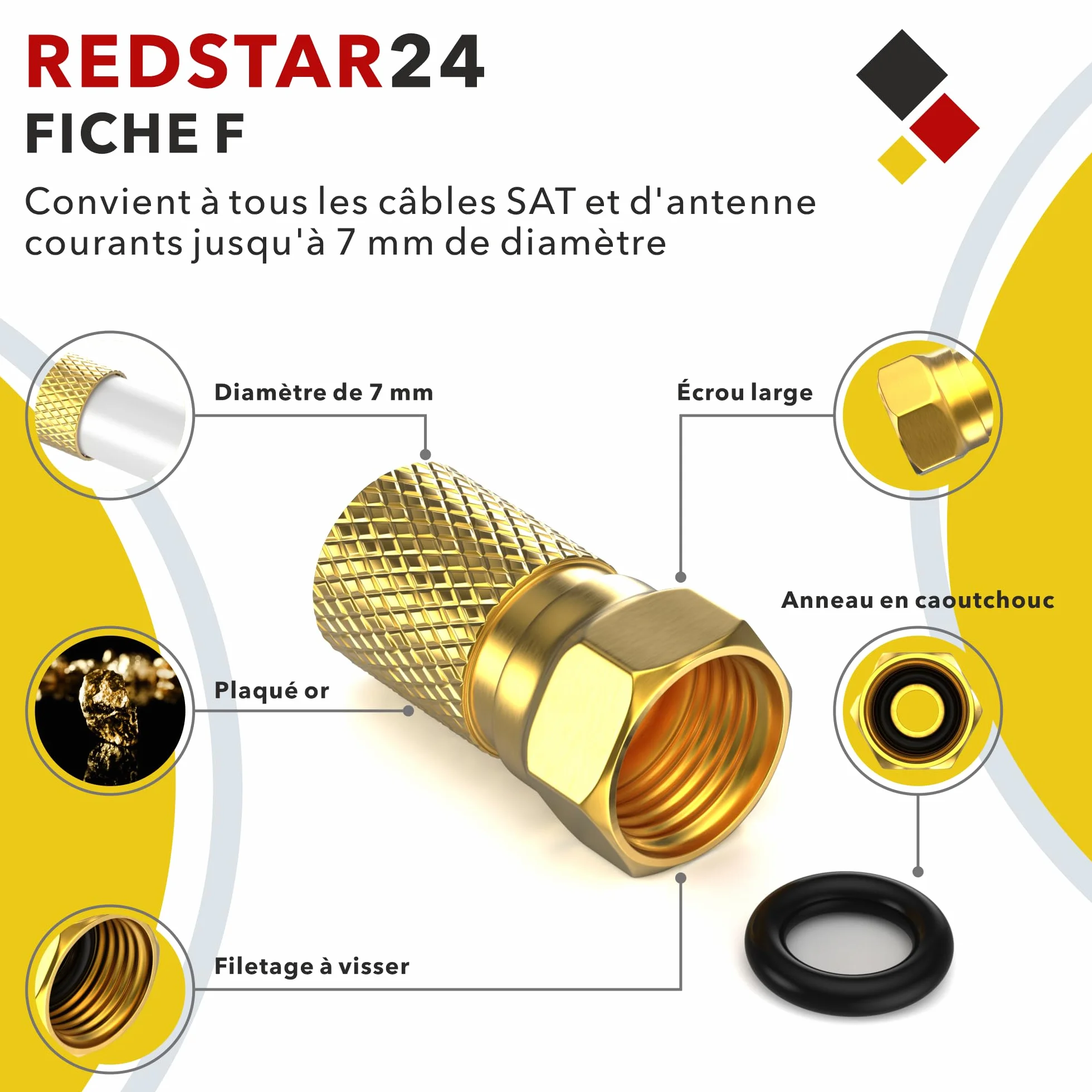 Connecteur F 7mm Fiche F 10 pièces dorées Joint caoutchouc Ecrou large Câble coaxial SAT LNB satellite à visser
