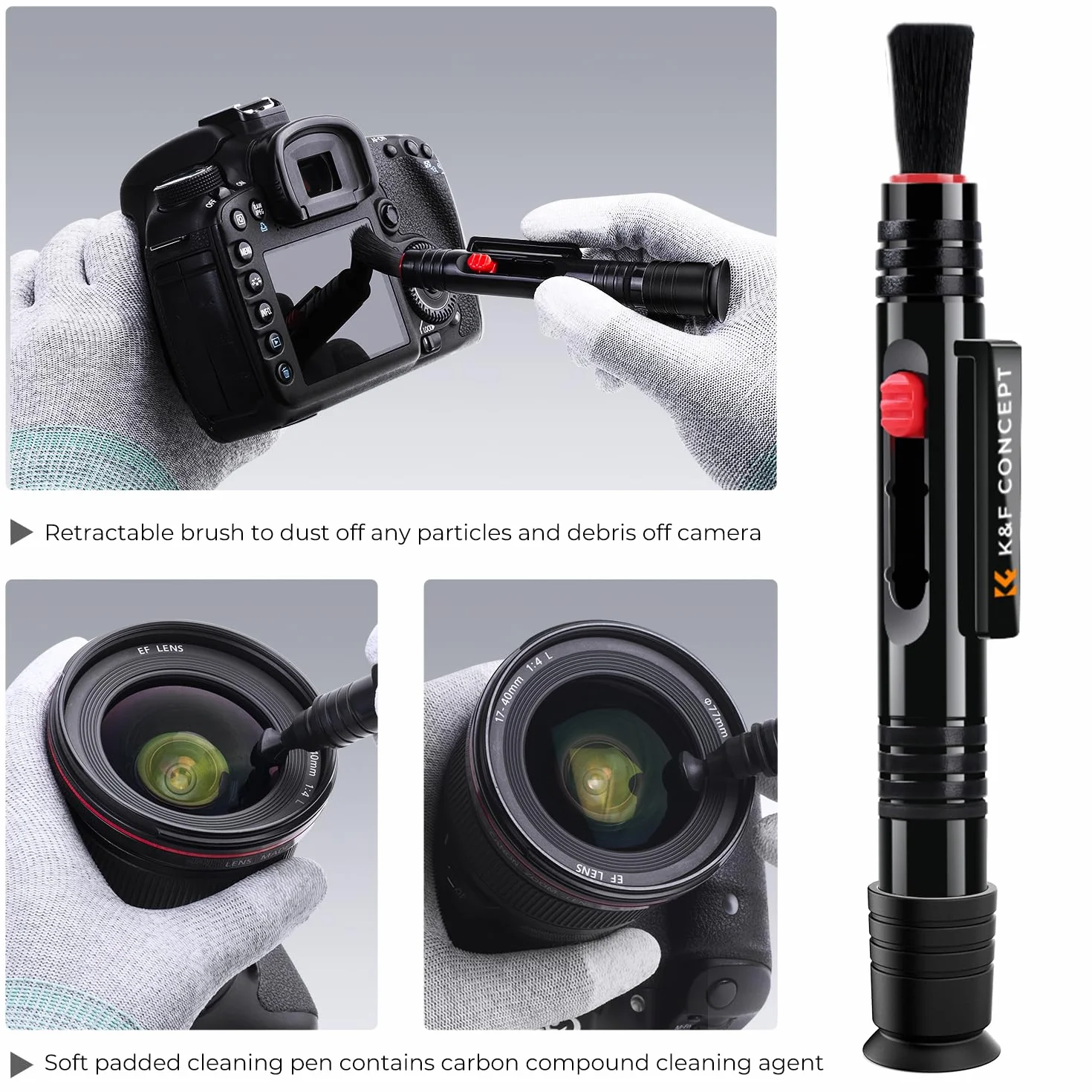 K&F CONCEPT Stylo de Nettoyage pour Objectif Brosse de Nettoyage Douce et Spéciale pour Objectif d'Appareil Photo, Filtres, Viseurs, Téléphones, Ordinateur, Tablette et Ordinateur (Modèle 2 en 1)