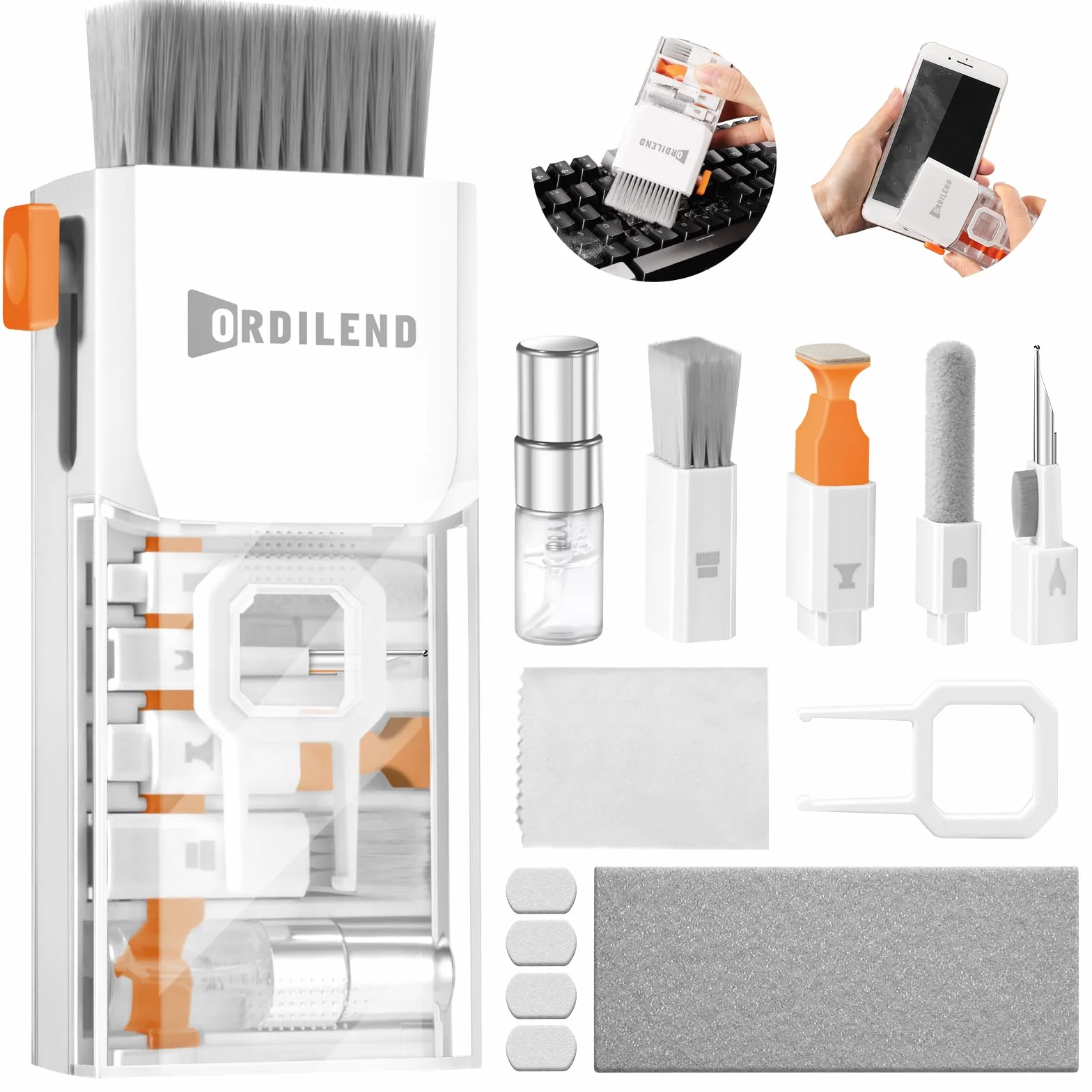 Ordilend Kit de Nettoyage pour iPhone Airpods Claviers Ordinateurs et Tablettes,Nettoyeur d'écran Multifonctionnel pour Ecouteurs,Téléphones,Appareils Photo,Tout-en-Un avec Brevet-Blanc