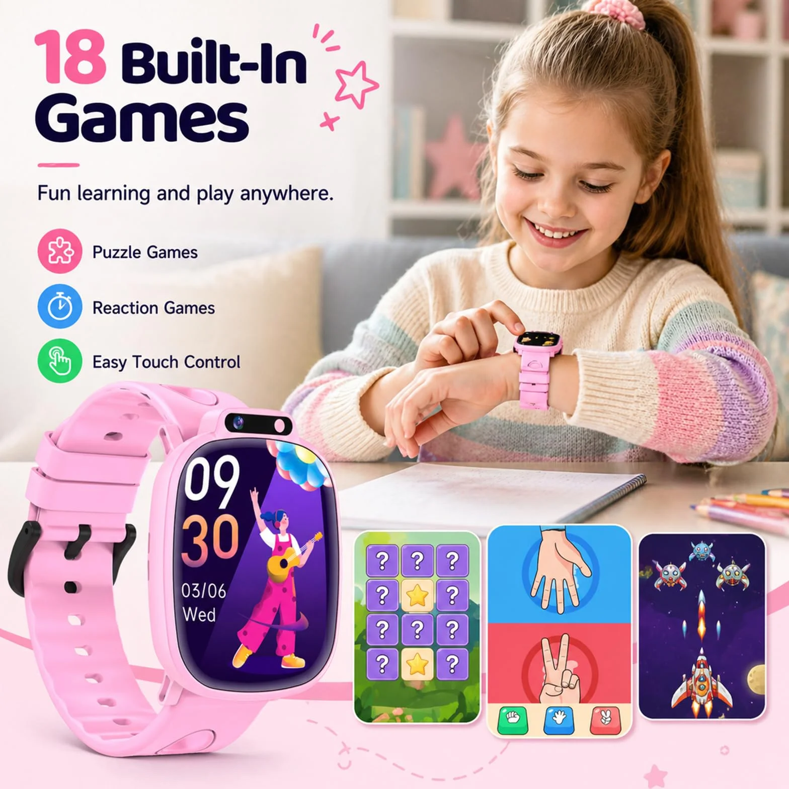 Montre Connectée Enfants avec 1,9 Pouces, 18 Jeux, Suivi du Sommeil, Podomètre, Appareil Photo, Lampe Torche, Smartwatch Enfant pour Garçons, Filles et Adolescents sans App ni Carte SIM