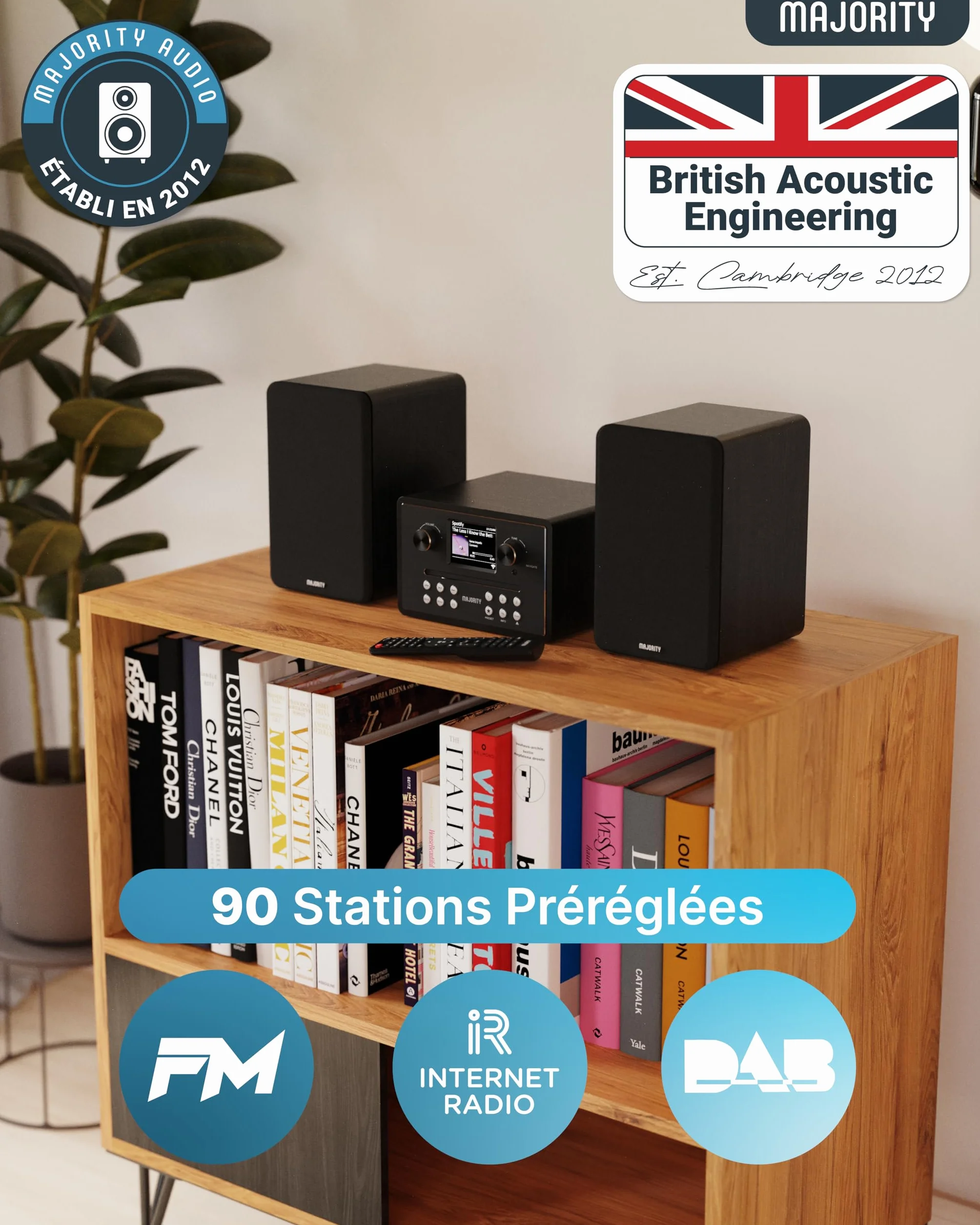 MAJORITY Homerton HiFi Bluetooth 5.3 Chaine HiFi Radio Internet | Radio Dab+ et FM | Lecteur CD Spotify Connect et Podcasts | Système Stéréo avec 60W Enceintes | Télécommande & l'application OKTIV