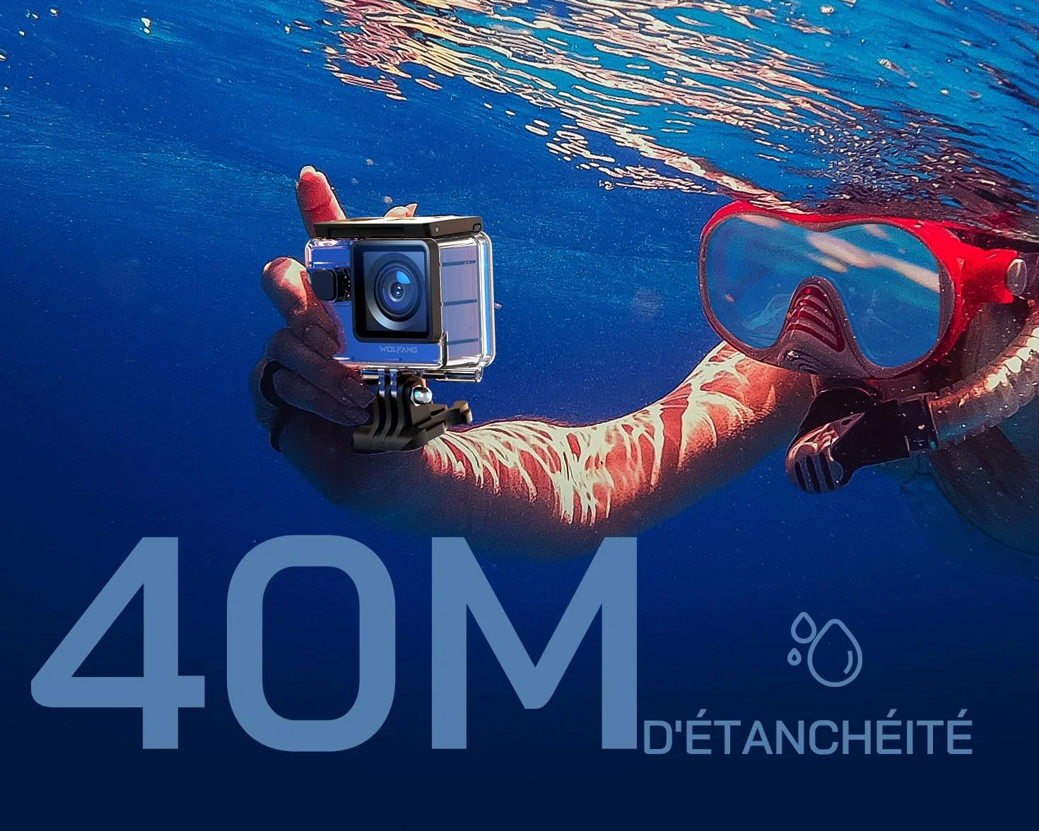 WOLFANG Caméra Sport 4K 60FPS, GA300 24MP Grand Angle Écran Tactile WiFi Caméra Étanche, Zoom 8X Stabilisateur EIS Appareil Photo (Microphone, Télécommande, 2 Piles 1350mAh et Kit d'accessoires)