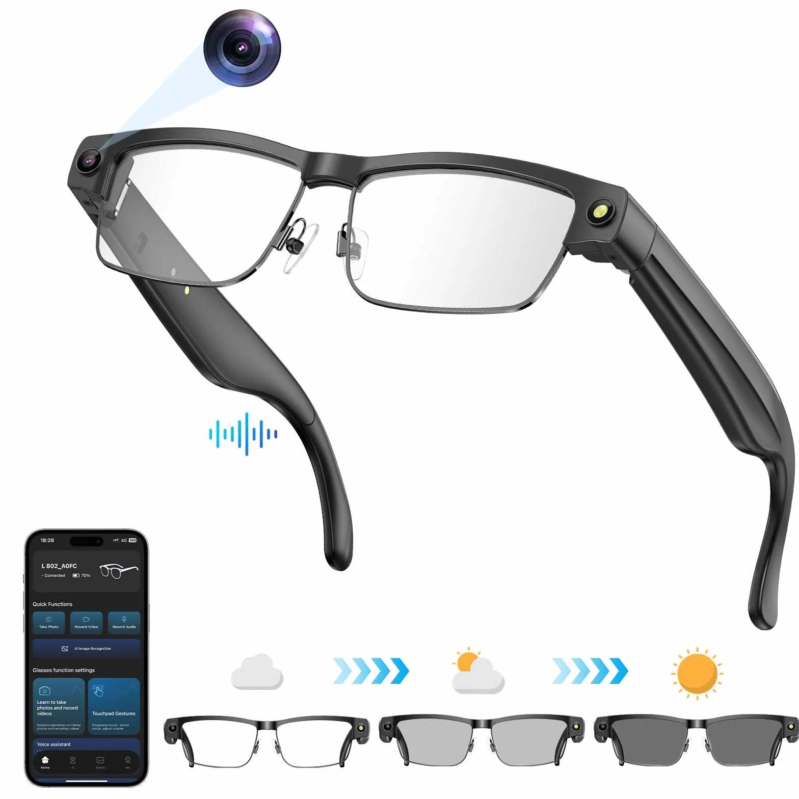 Lunettes Connectées Intelligentes avec Caméra HD 1080P – Smart Glasses avec Vidéo, Vocale AI, Audio Open-Ear, Appels & Musique, Micro ANC, Wi-Fi, Traduction et Protection UV – Pour Hommes Femmes