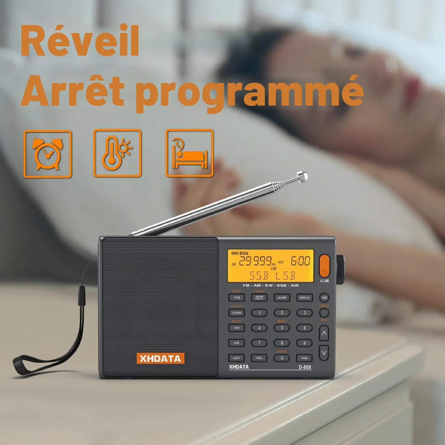 XHDATA D-808 Portable Radio Numérique FM Stéréo/SW/MW/LW SSB RDS Bande Air Band Multi Haut-Parleur avec Affichage LCD Réveil Antenne Externe et 2000mah Batterie (Gris)