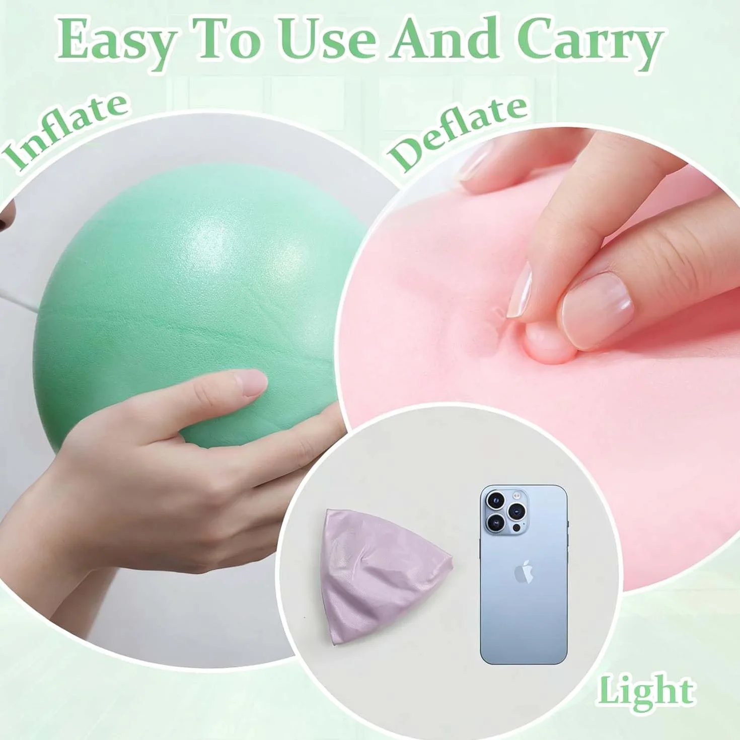 Lot de 3 balles de Pilates 25 cm antidérapantes rose violet vert avec tube de soufflage pour yoga et gym