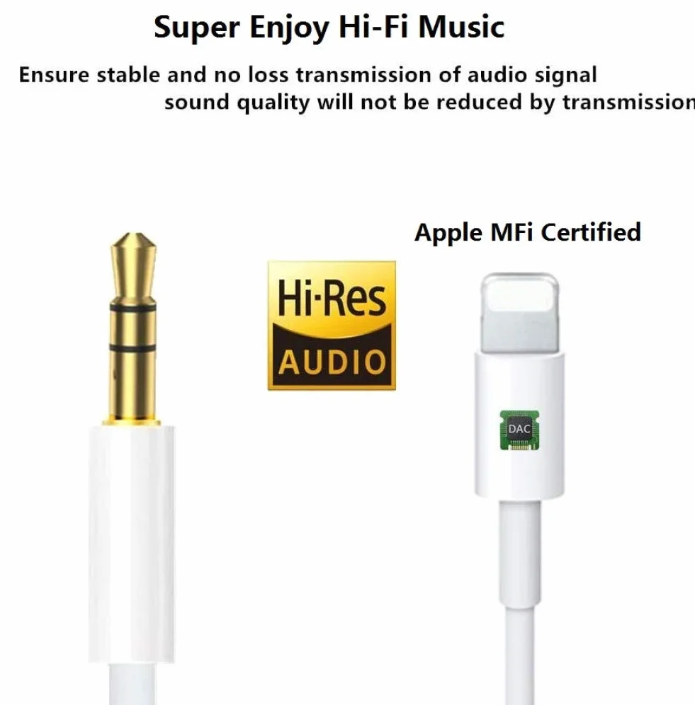 Cordon auxiliaire pour iPhone, [certifié Apple MFi] Câble Lightning vers auxiliaire compatible avec iPhone 14 13 12 11 XS XR X 8 7 vers haut-parleur stéréo de voiture, casque, blanc