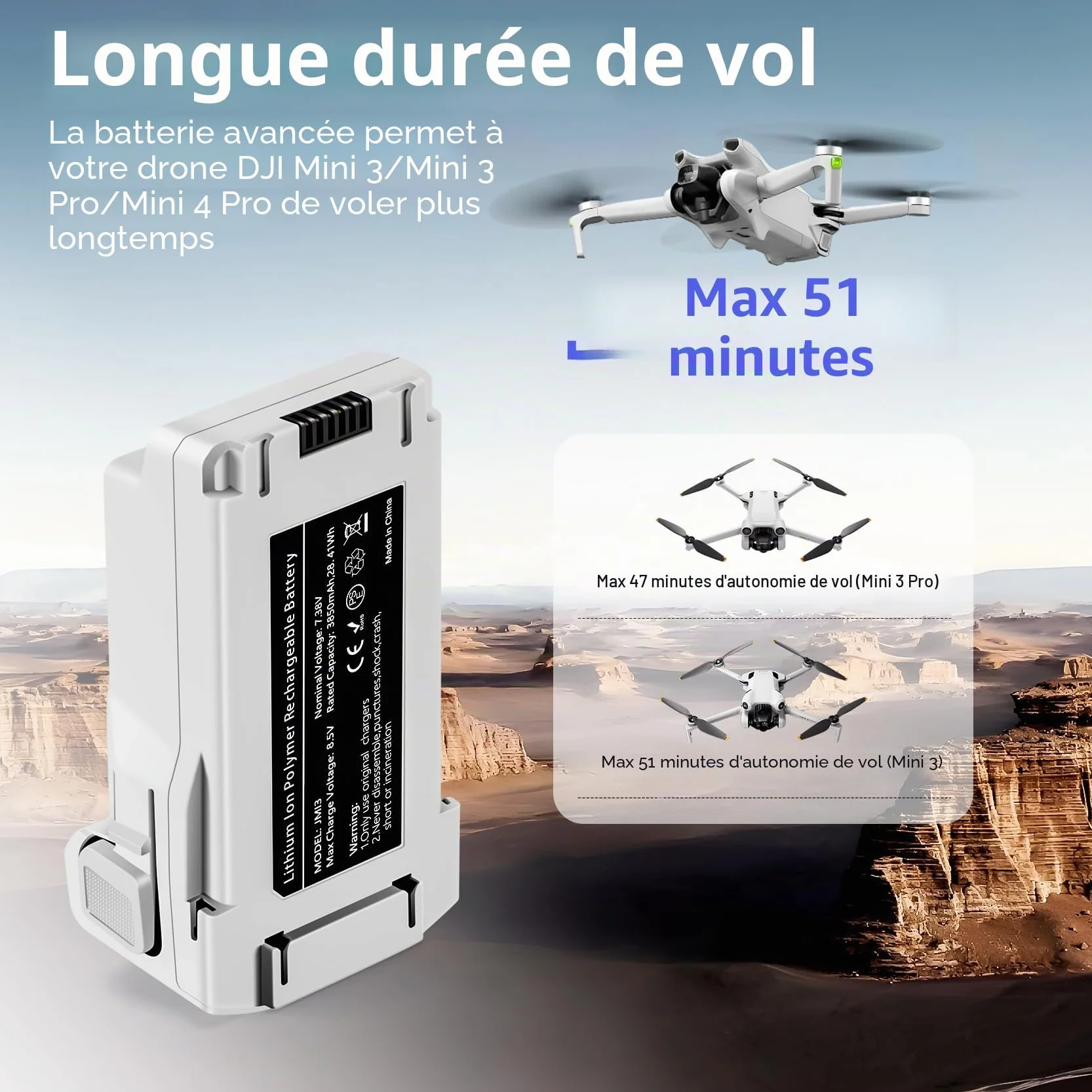 Mini 3 Series Batterie 1 pièce 7.38V 3850mAh Batterie de vol Intelligente (51 Minutes d'autonomie maximale) Entièrement Compatible avec Les Drones DJI Mini 4 Pro/3 Pro/3