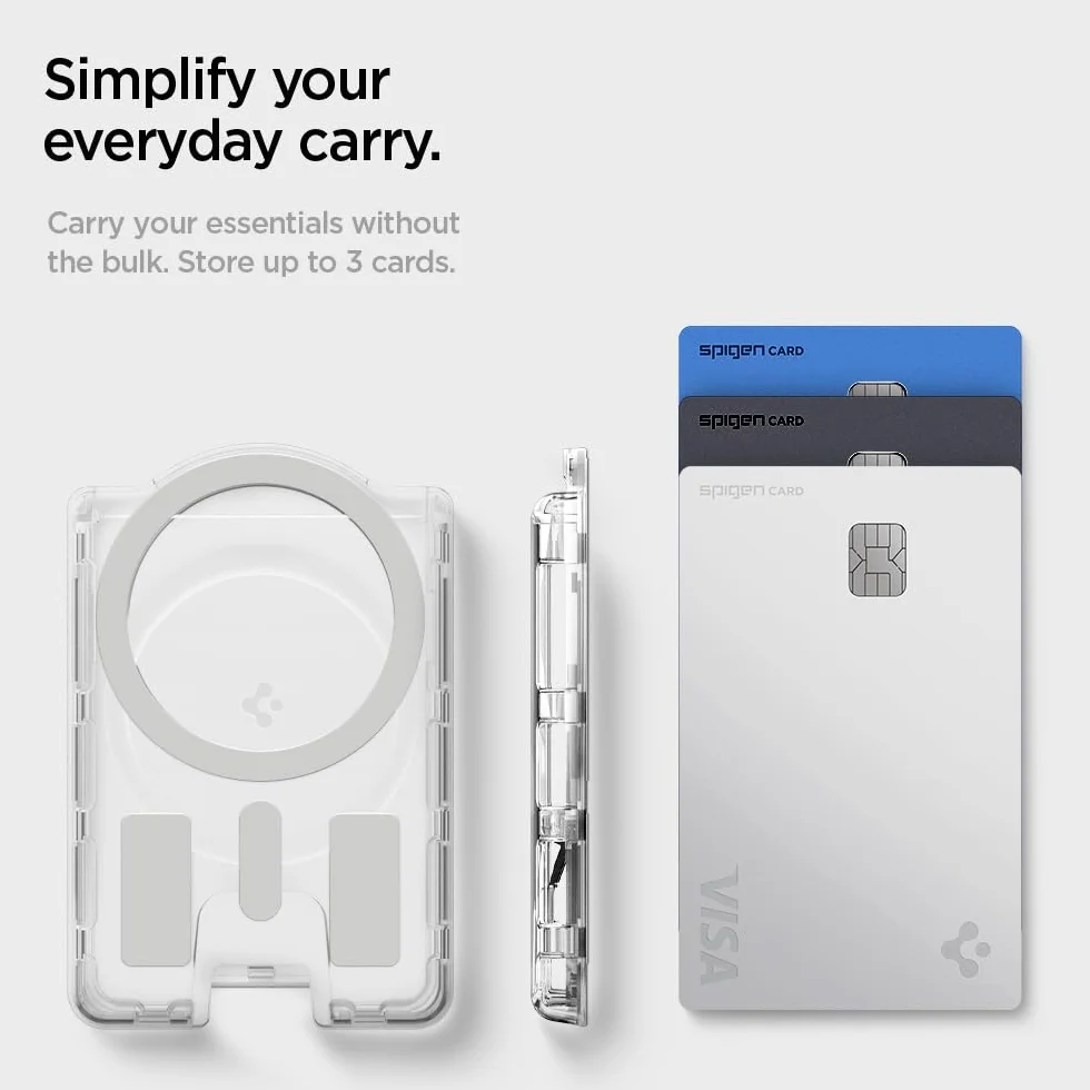 Spigen Ultra Hybrid MagFit+ Porte-Cartes magnétique 3 Cartes Anneau métallique Compatible Samsung Galaxy S26 S25 Edge Z Fold 7 Transparent