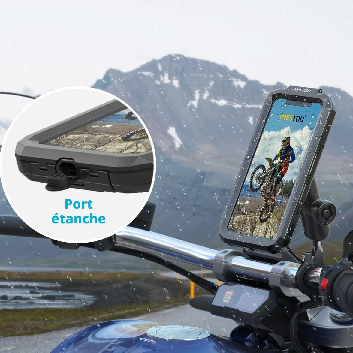 iMESTOU Titulaire de Téléphone de Moto Anti-vol Imperméable - Montage de Téléphone à Vélos avec 1 Pouce de Rotation à Billes de Guidon en Aluminium 720 ° pour 5,5 "-6,8" Cell Phone (L)