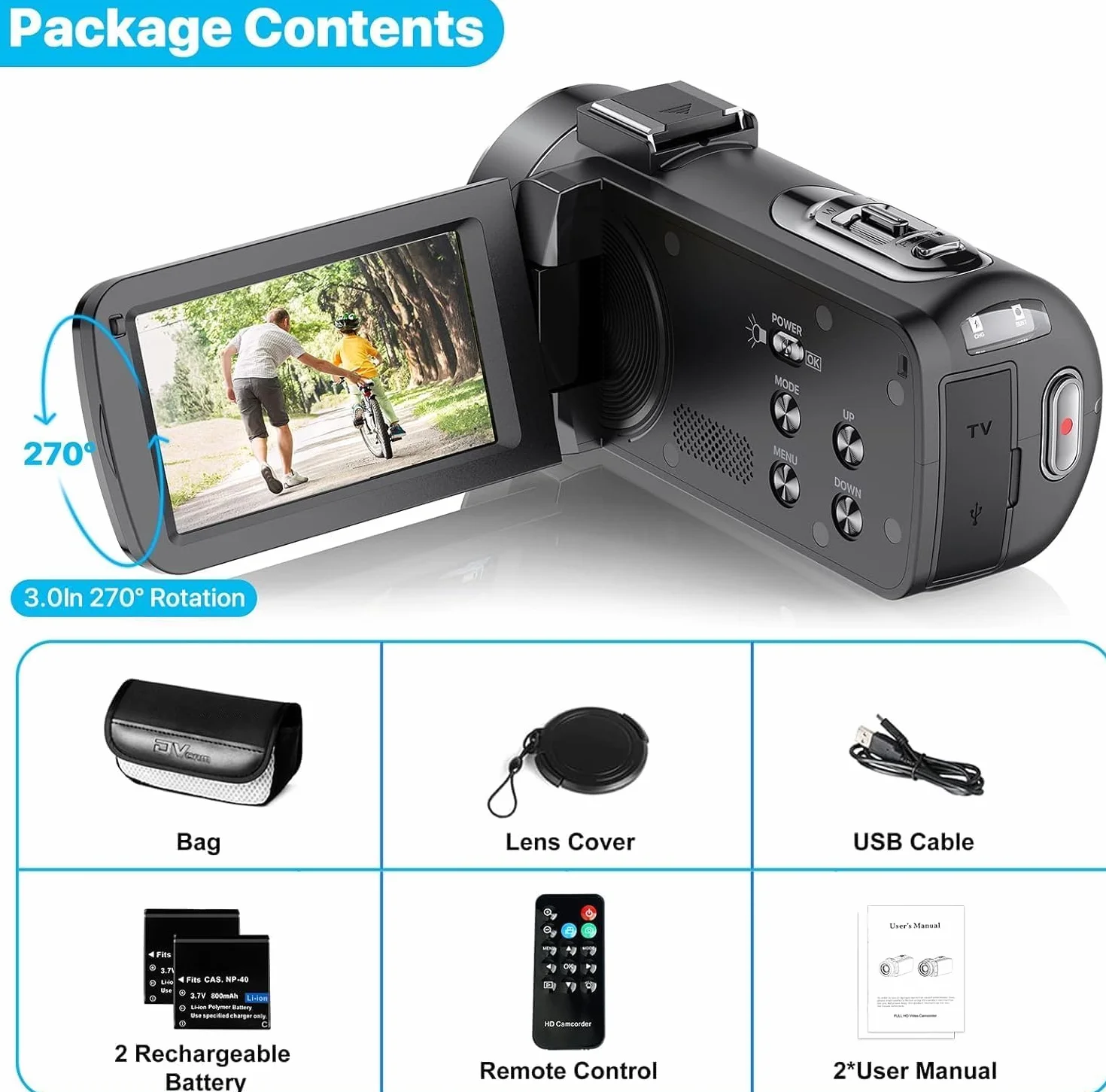 IXNAIQY Caméscope Caméra Vidéo 1080P 30FPS 36MP Camescope pour Youtube, Caméra Numérique avec IR Vision Nocturne, 16X Zoom Numérique, 3.0'' LCD 270 Degrés Ecran Rotatif Vlog Caméra, 2 Piles