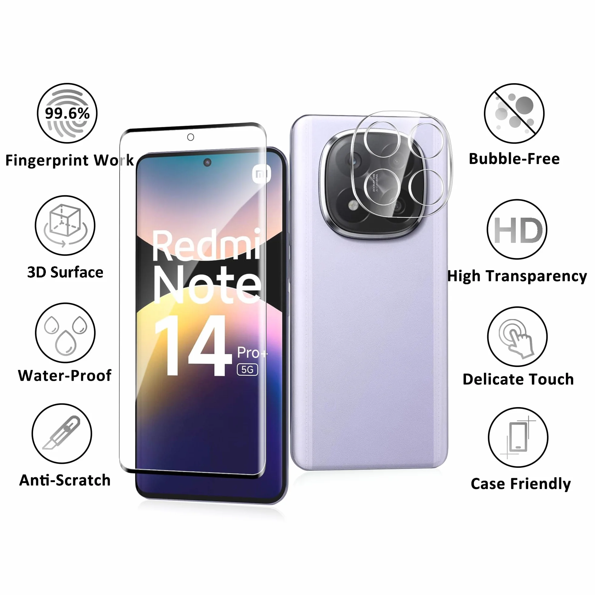 2 Pièce Verre Trempé pour Xiaomi Redmi Note 14 Pro Plus / 14 Pro+ 5G, 2 Pièce Caméra Protection, Déverrouillage d'empreintes digitales, 9H Dureté, Ultra HD, Protection pour Redmi Note 14 Pro Plus 5G