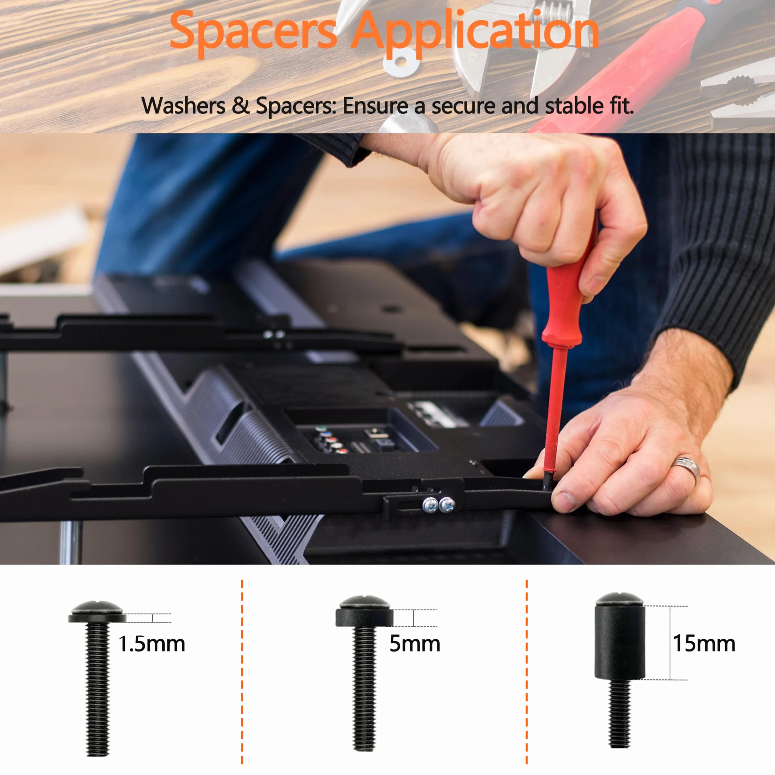 Kit Vis VESA/Montage TV (Noir/Fer) M4/M5/M6/M8+Rondelles/Entretoises.Compatible Supports Mural&TV-Standfüße,Vis de Remplacement Universel