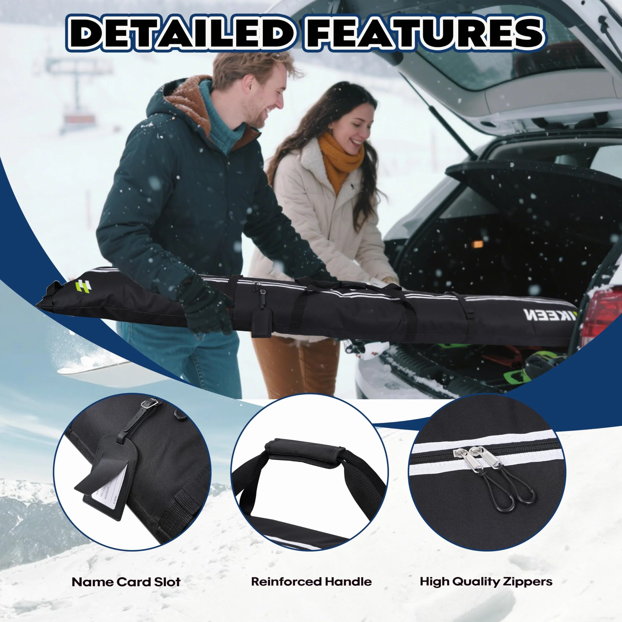 BOOSTEADY Sac de Ski pour 2 Paires de Skis, Housse pour 1 Snowboard avec Bandoulière Rembourrée, Longueur Réglable 210cm, Sac Imperméable