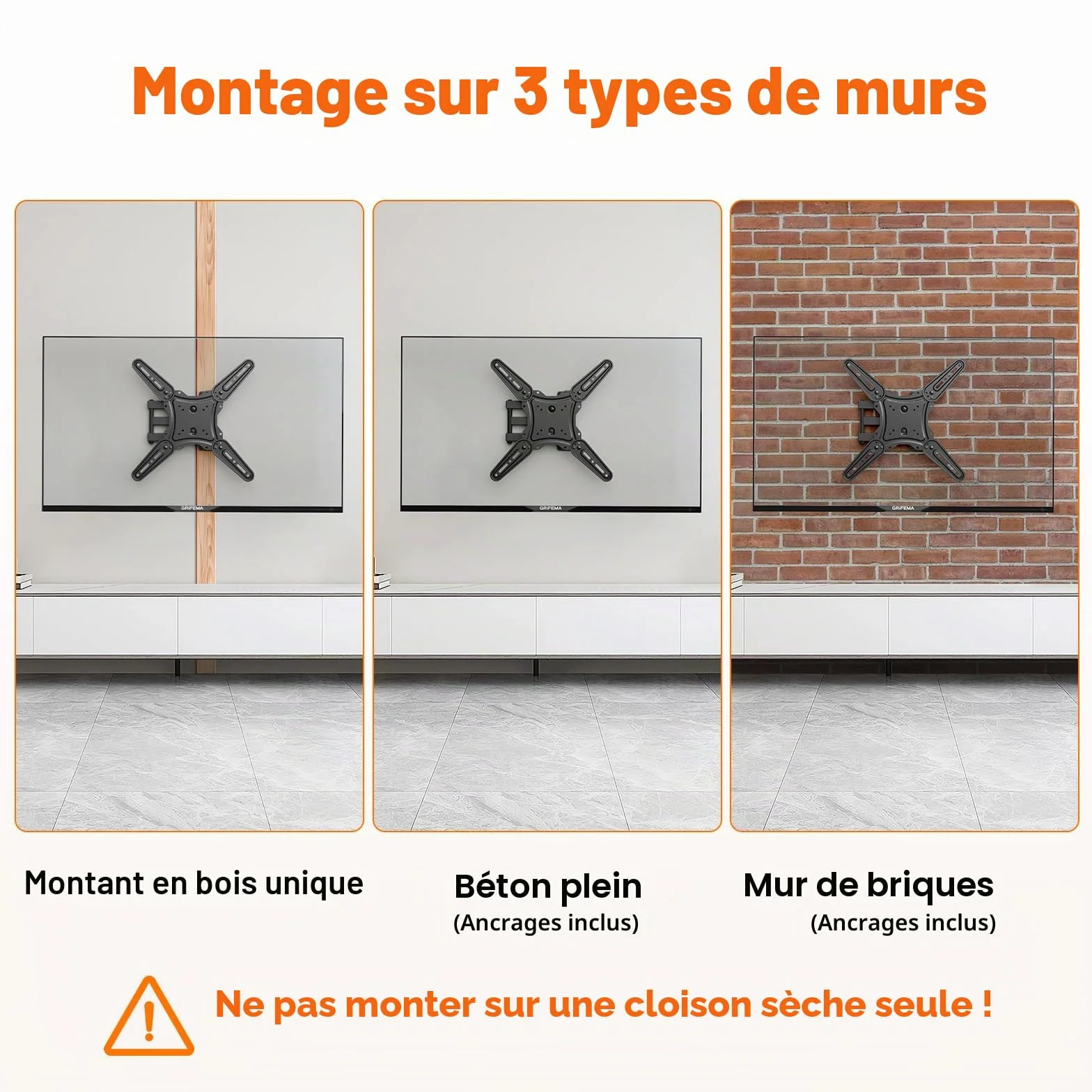 GRIFEMA Support Mural TV 26-65 Pouces - Fixation Murale TV Peut Contenir Jusqu'à 35KG, Accroche Television Mural Orientable (± 90°), Incline (+ 6°, -12°) et Étend, Support Vesa pour TV Plat/Incurvé
