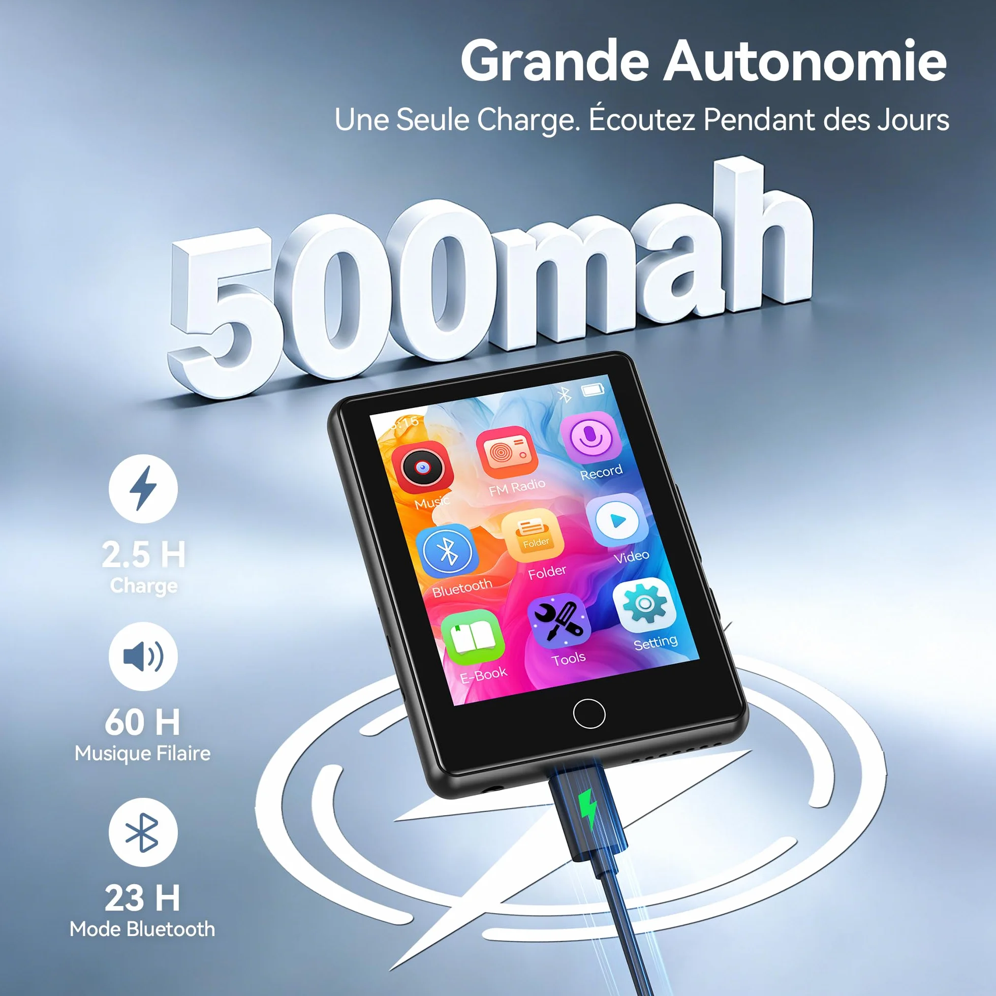 AGPTEK Lecteur MP3 Bluetooth 5.3 64Go, Baladeur Numérique 2.8" Écran Tactile HiFi Sport avec Haut-Parleur Radio FM Enregistreur