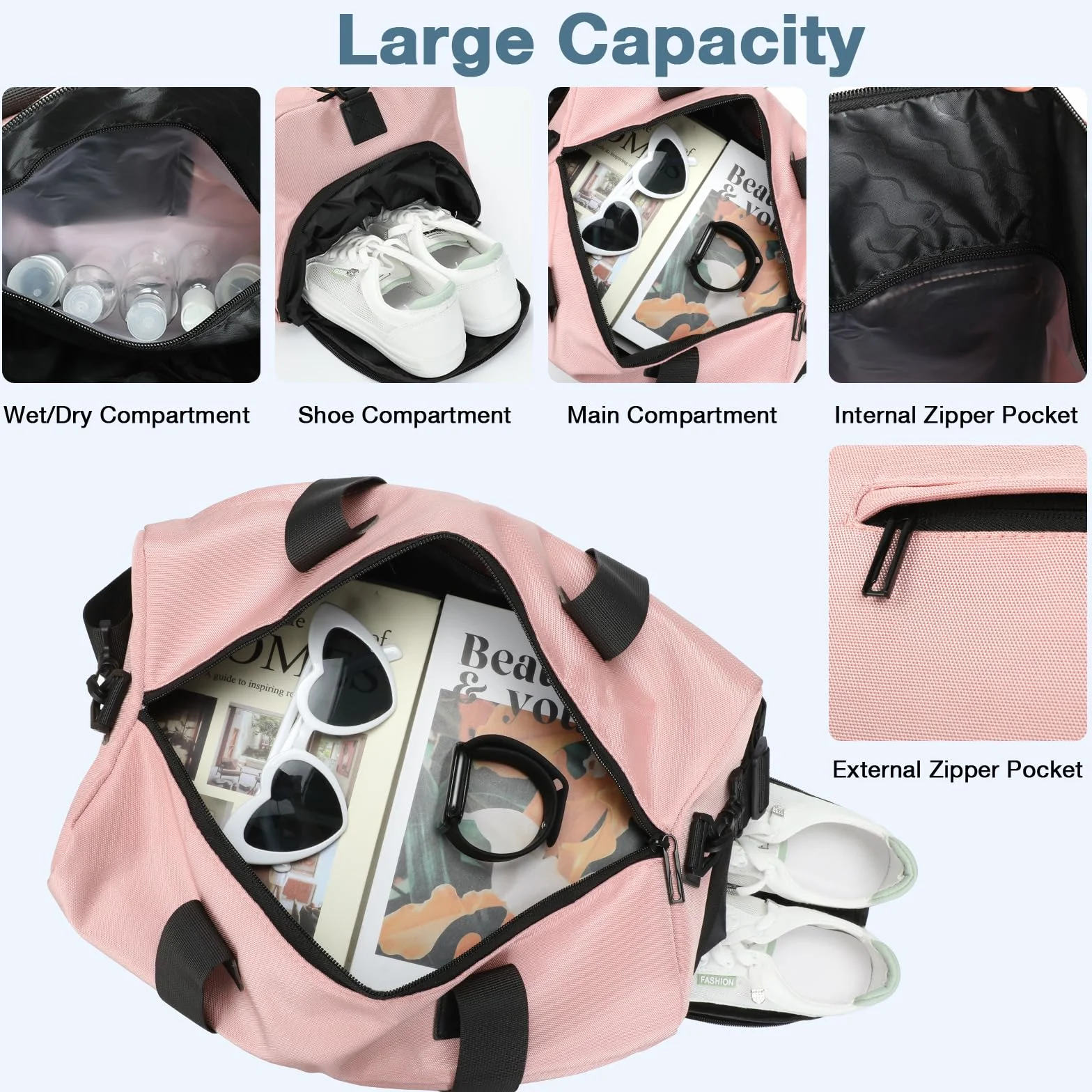 Romon Sac de Sport 22L Rose Imperméable Compartiment Chaussures Bandoulière Réglable