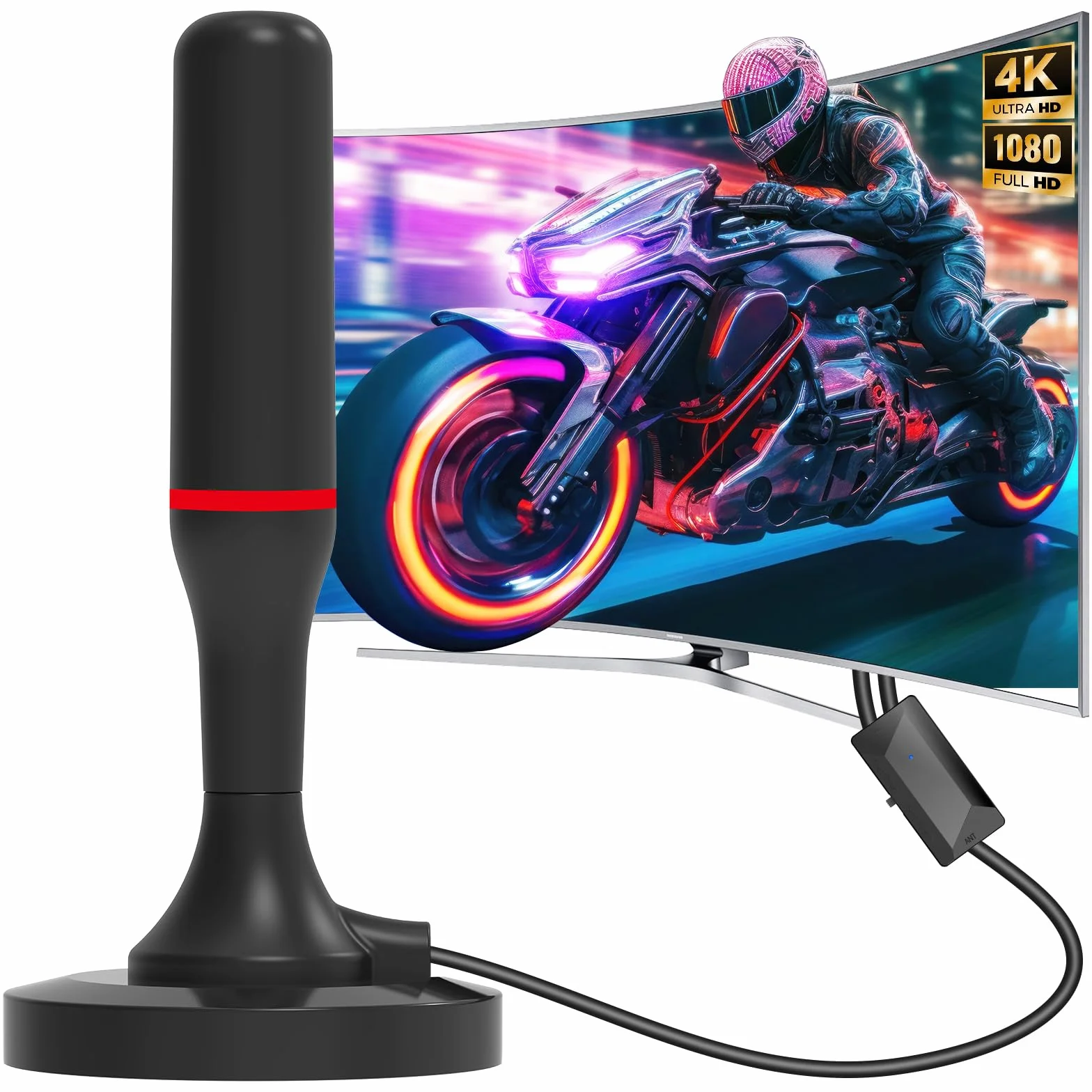 Antenne TV Intérieure Puissante, Antenne TNT Intérieure 2026 HD, Réception Longue Portée 360°, Base Magnétique Forte, Amplificateur Gain Élevé, Compatible 4K 1080P Toutes TV