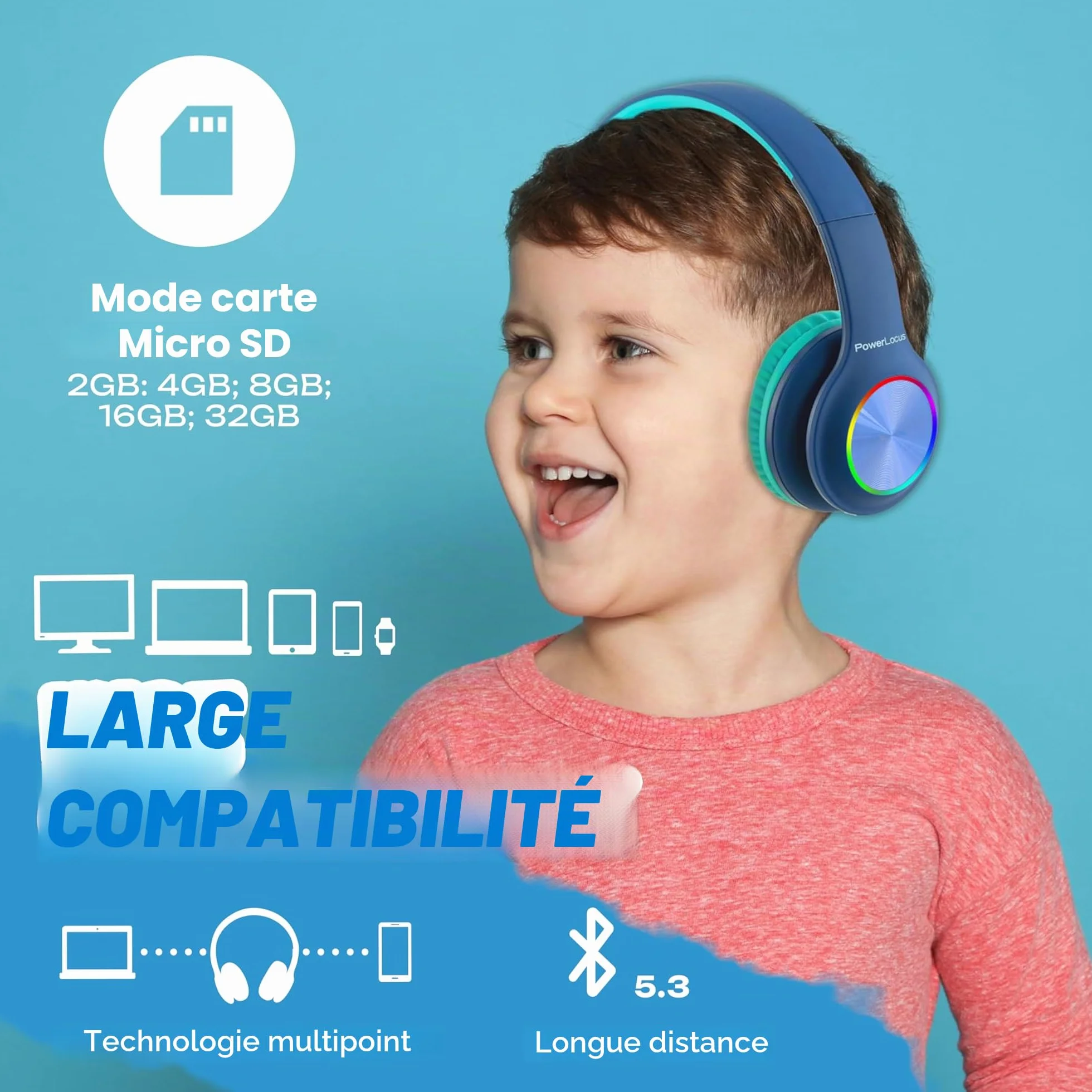 PowerLocus Casque Bluetooth Pliable sans Fil pour Enfant avec Lumières LED, HD Stéréo, USB-C Recharge Rapide, Micro intégré, SD Mode et Filaire pour iPhone/Tablettes/TV