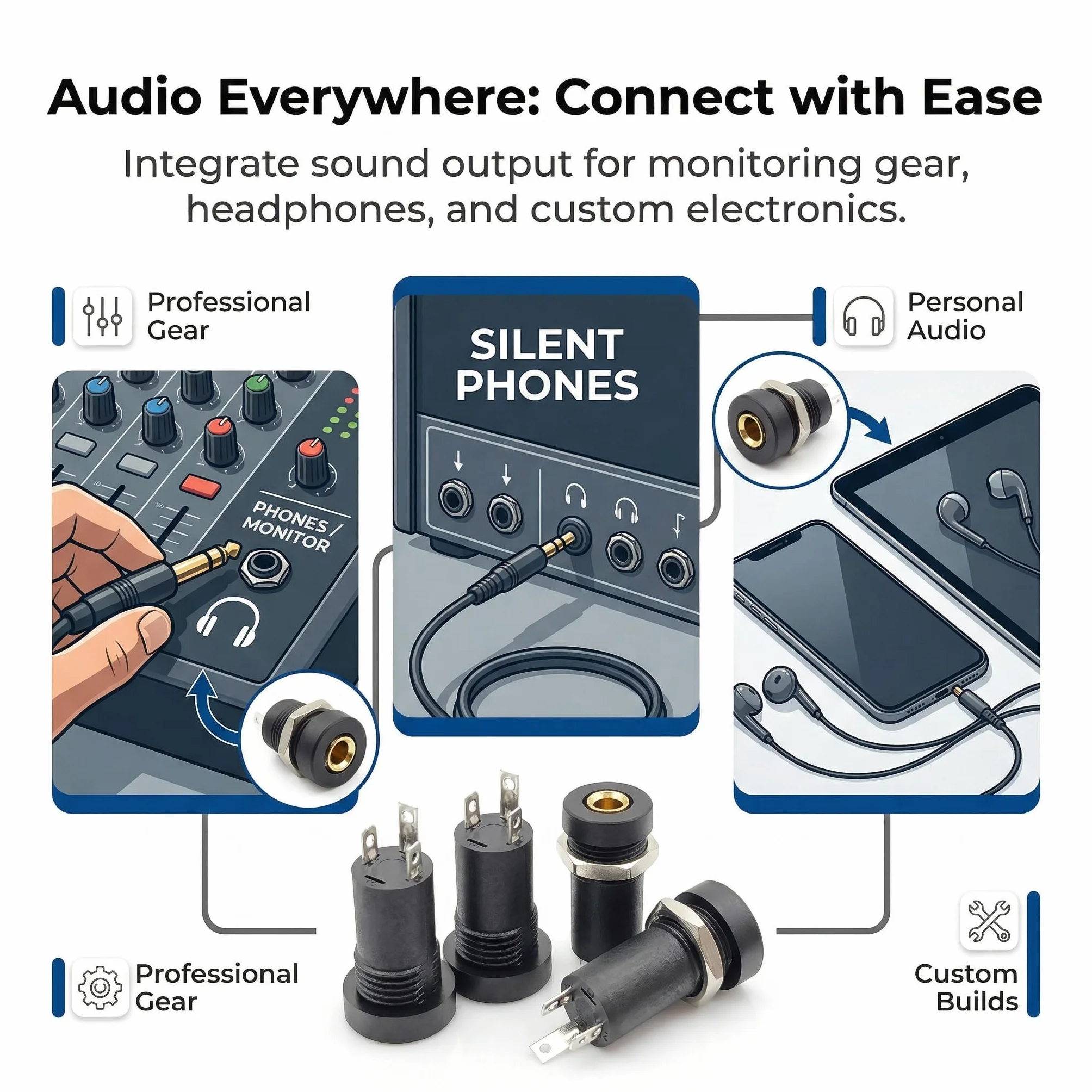 Prise Jack 3.5 à Souder, Connecteur TS 3.5 mm à Souder, Panneau de Montage Prise Audio pour MP3 MP4 et Jack 3.5 mm Stéréo Casque, en Nylon Résistant Haute Température Plaqué Argent 12V 6Pcs