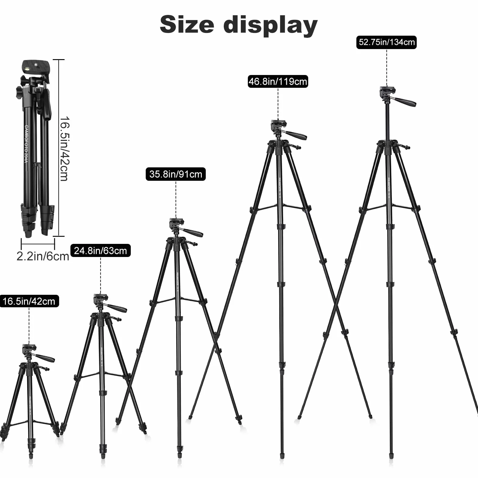 CAMBOFOTO Trépied Léger de 135 cm pour Téléphone, avec Support de Téléphone, Compatible avec iPhone et Autres Smartphones Android, Les Reflex Numériques et Les Cameras sans Miroir
