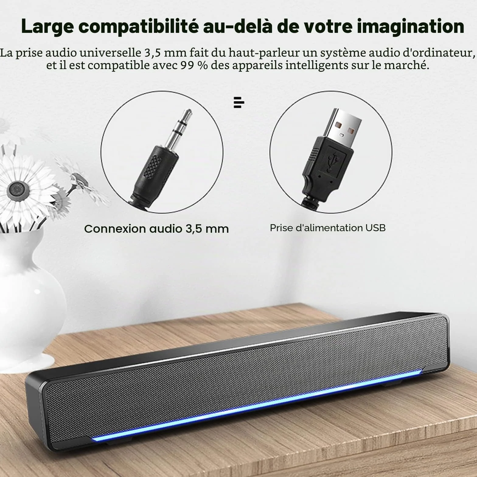 Barre de Son avec Subwoofer, Haut-Parleur Stéréo Filaire, Entrée USB/3.5mm pour PC Smartphone