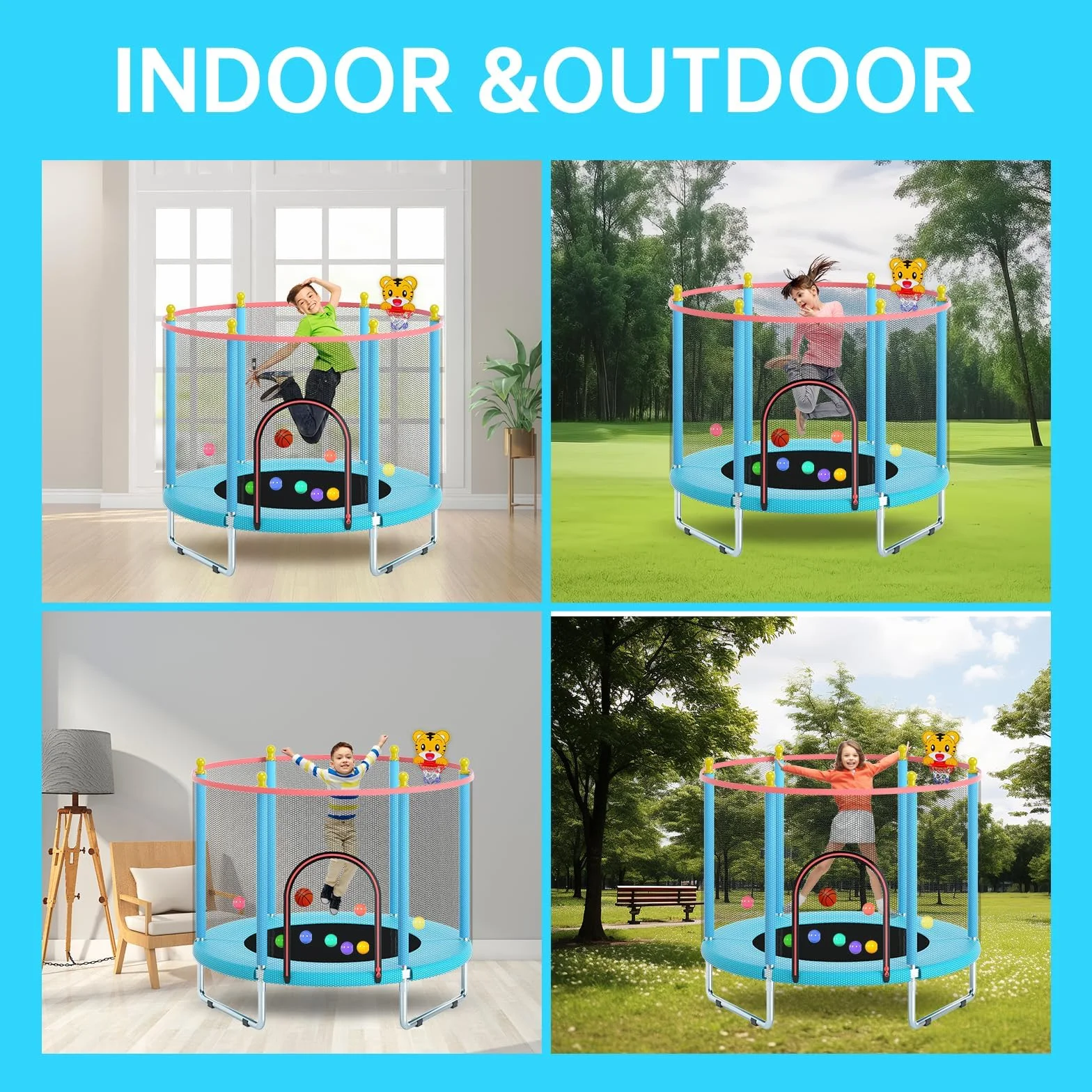 Trampoline pour Enfants 150cm avec Filet de Sécurité, Panier de Basket et Tapis de Saut - étanche, Réglable, 200kg