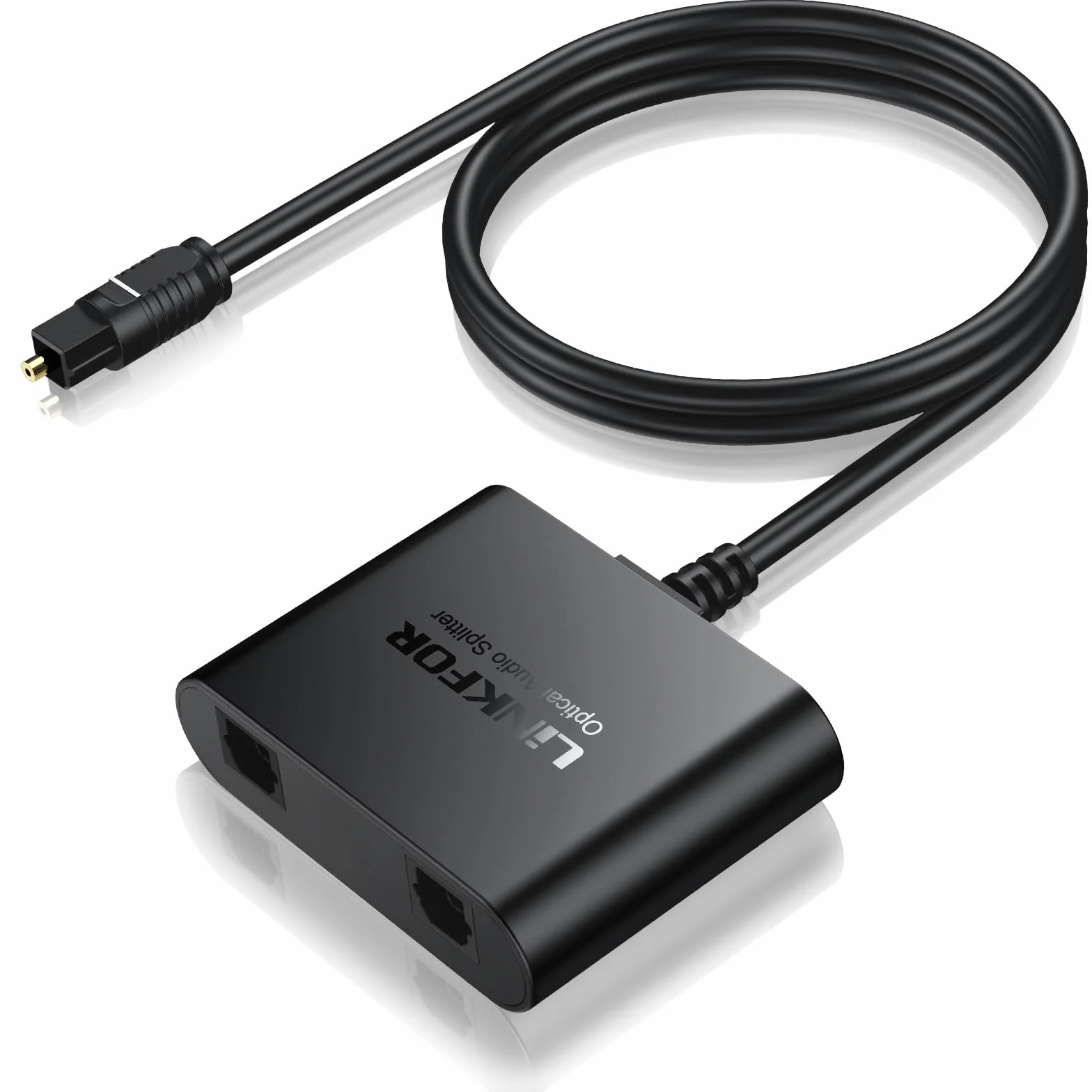 LiNKFOR Répartiteur Optique Toslink 1 Entrée 2 Sorties Câble Intégré 1m Actif avec Alimentation USB Chipset Stable Support LPCM/DTS/Dolby Digital Transmission 40m Pour Barre de Son et Casque Sans Fil