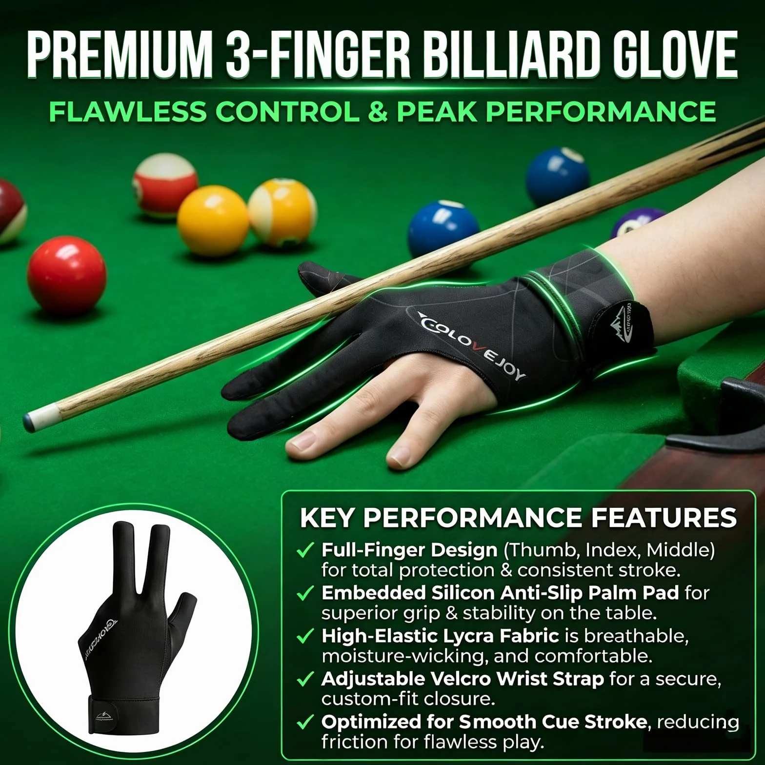 Gants de Billard Respirants à Séchage Rapide Antidérapant pour Tir Précision Queue de Billard Noir