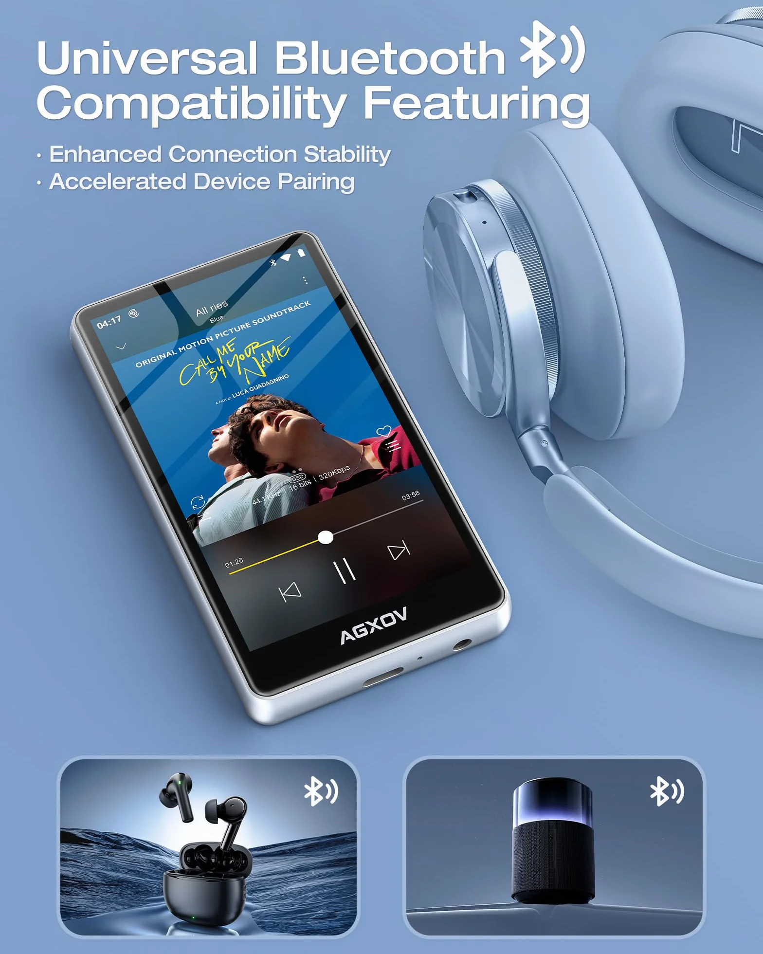 Lecteur MP3 Spotify Bluetooth Wi-Fi 144Go Écran Tactile 4,02 Pouces Radio FM Argent