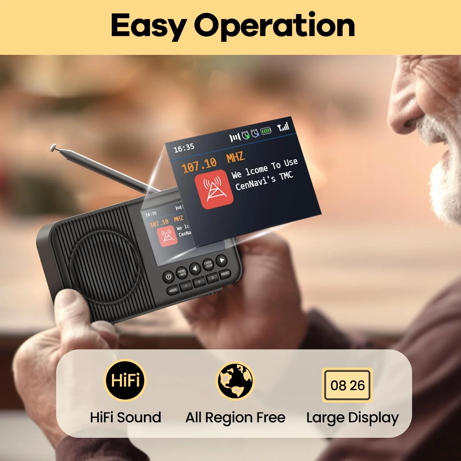 Radio DAB+ Portable Rechargeable avec Bluetooth, Écran LCD 2.4", FM, 60 Stations, Réveil Double, Noir