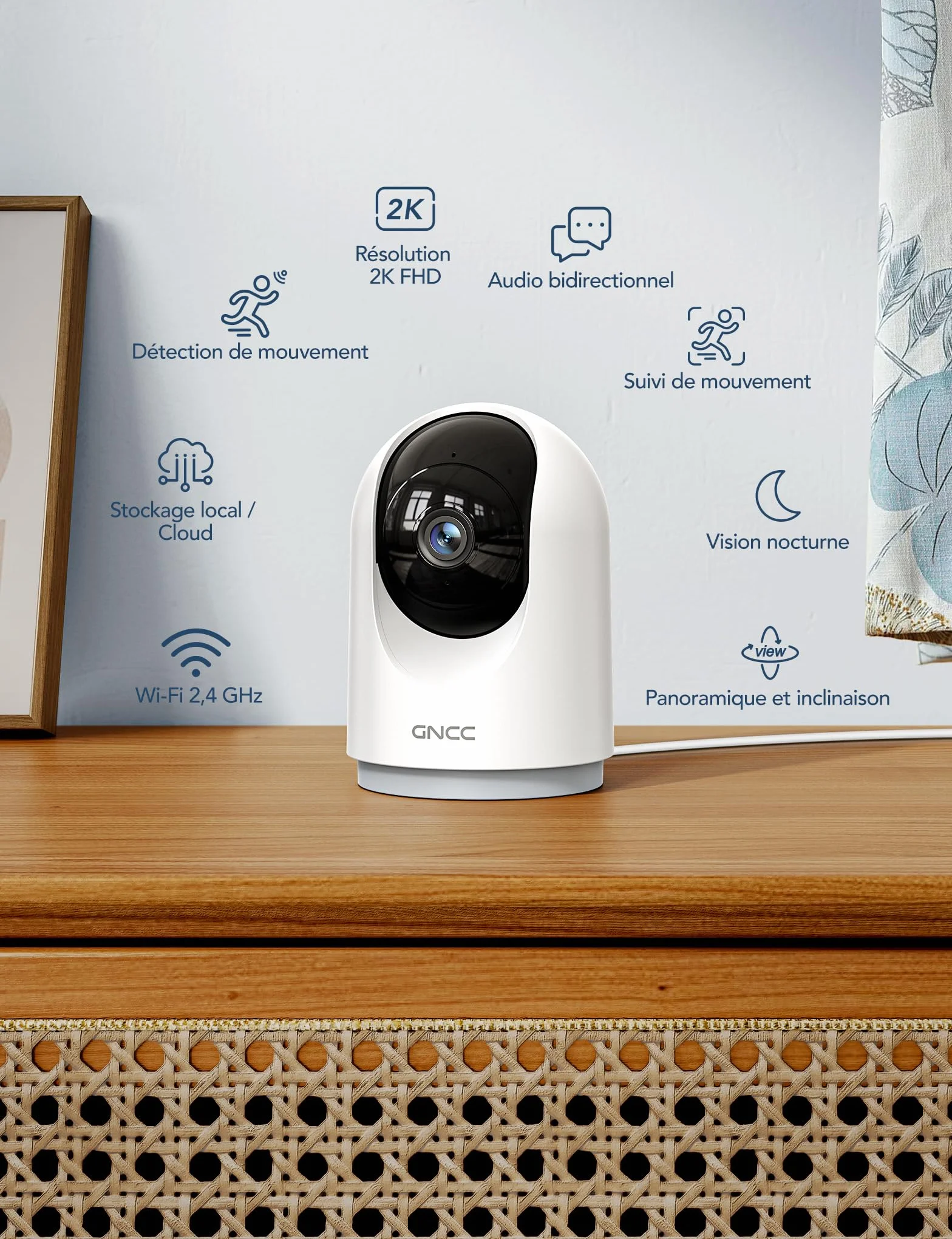 GNCC 2K 3MP Caméra Surveillance WiFi Interieur 360° Caméra Connectée Smartphone pour Bébé/Animaux Détection IA Audio bidirectionnel Alertes APP 2,4GHz Compatible Alexa