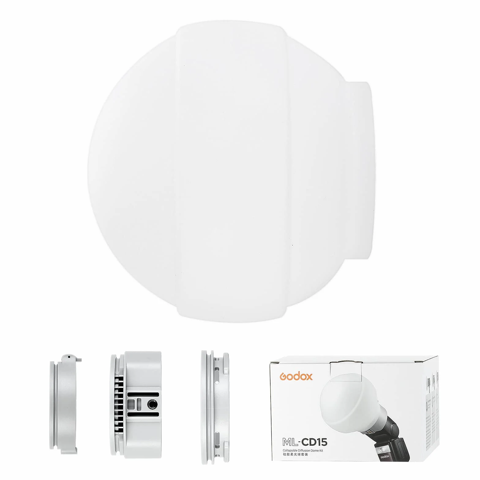 Godox ML-CD15 Diffuseur dôme avec 3 adaptateurs, Diffusion Lumière Flash en Silicone Pliable, Compatible avec LED Light et Flash Godox V1 V1Pro V860III V850III TT685II