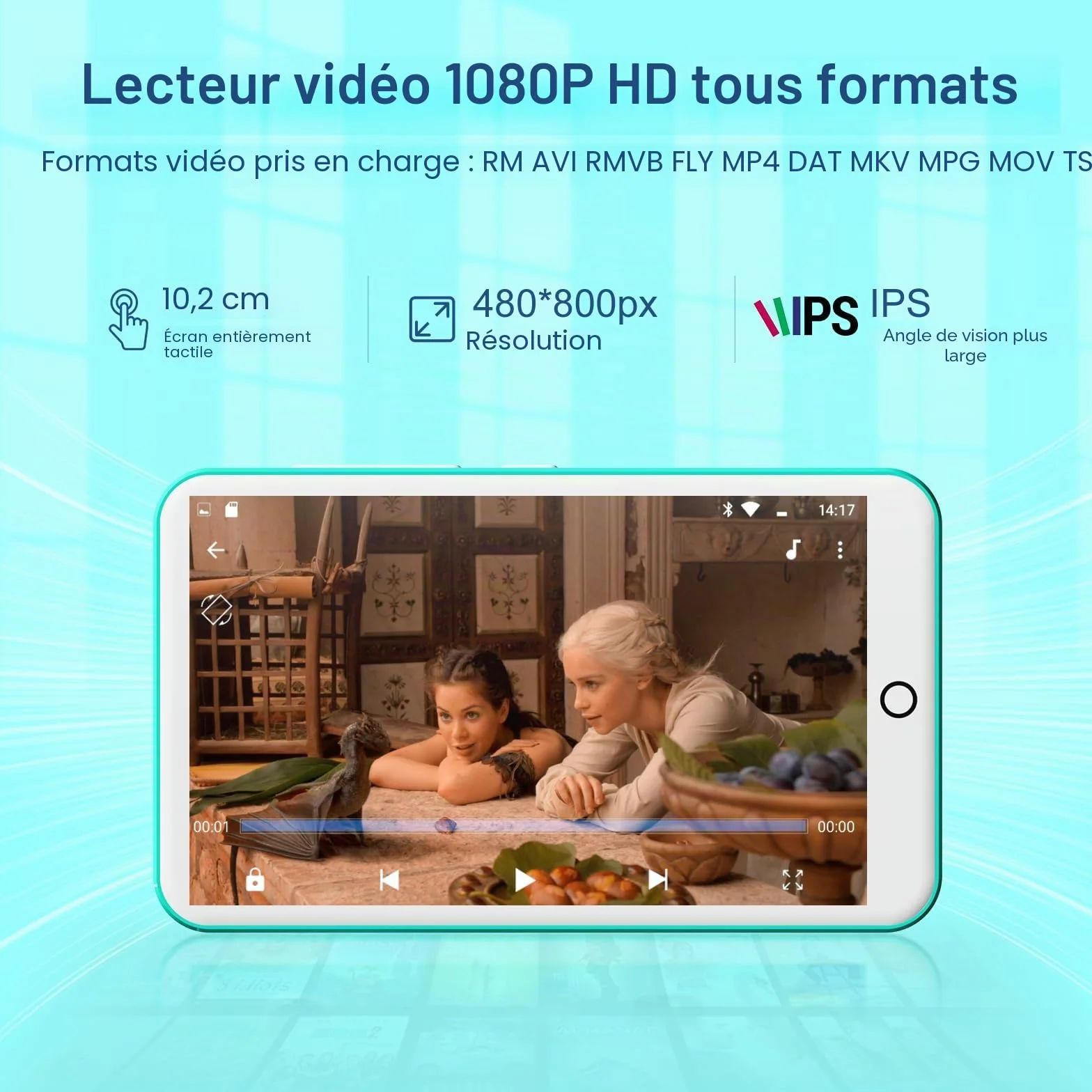 Lecteur MP3 avec Bluetooth et WiFi, Oilsky 80GB 4'' Android 9.0 Lecteur de Musique, MP4 à écran Tactile 1080P, Mp3 Portable avec Spotify, Audible, Deezer (Cyan)