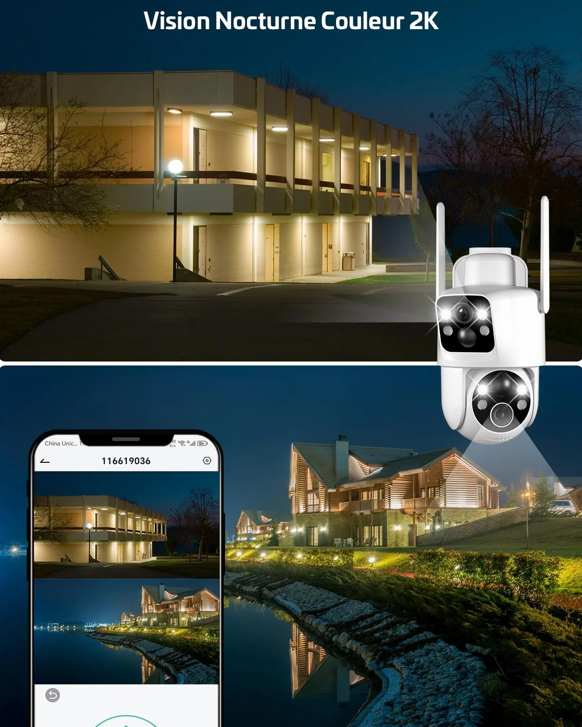 COCOCAM 2K Camera Surveillance WiFi Exterieure sans Fil, Double Objectif Double PIR, Batterie 10000mAh, 6W Panneau Solaire, 355°P 90°T, Vision Nocturne Couleur