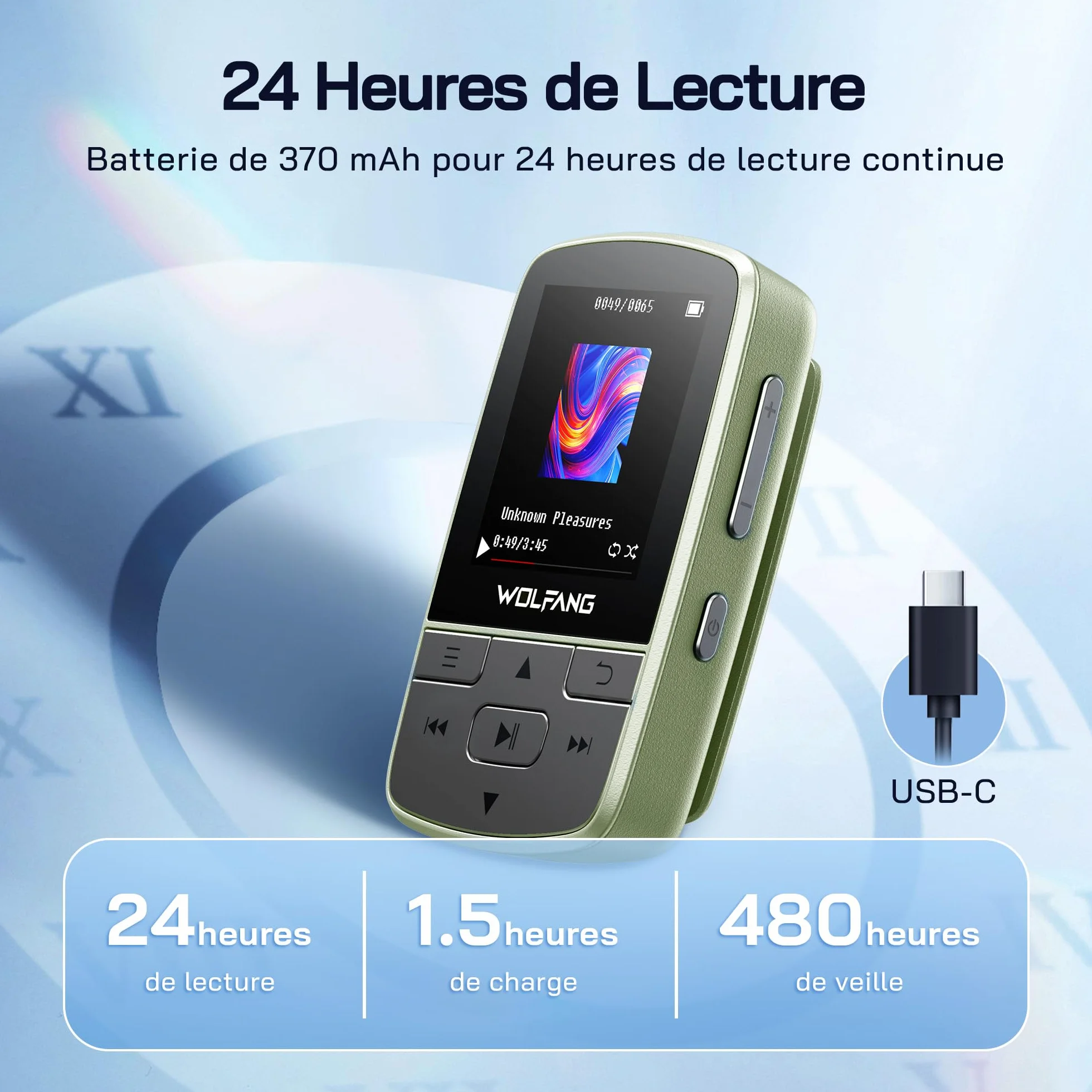 WOLFANG Lecteurs MP3 avec Bluetooth 5.2, Clip Sport, Taille Mini, Poids 28,3 g, Radio FM HiF, enregistreur Vocal, Jusqu'à 128 Go, sans Carte mémoire, écouteurs Inclus, Vert Kaki