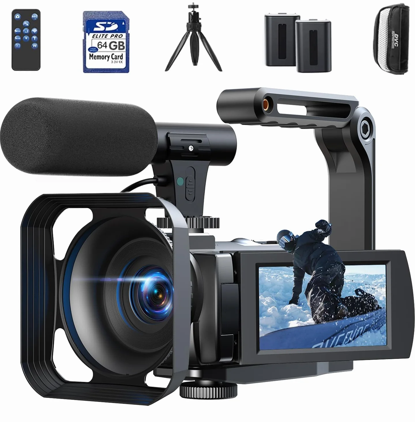 Caméra vidéo 5K 56MP WiFi Zoom 16X Écran tactile 3" IR Vision nocturne avec 2 piles, carte 64 Go, télécommande, microphone