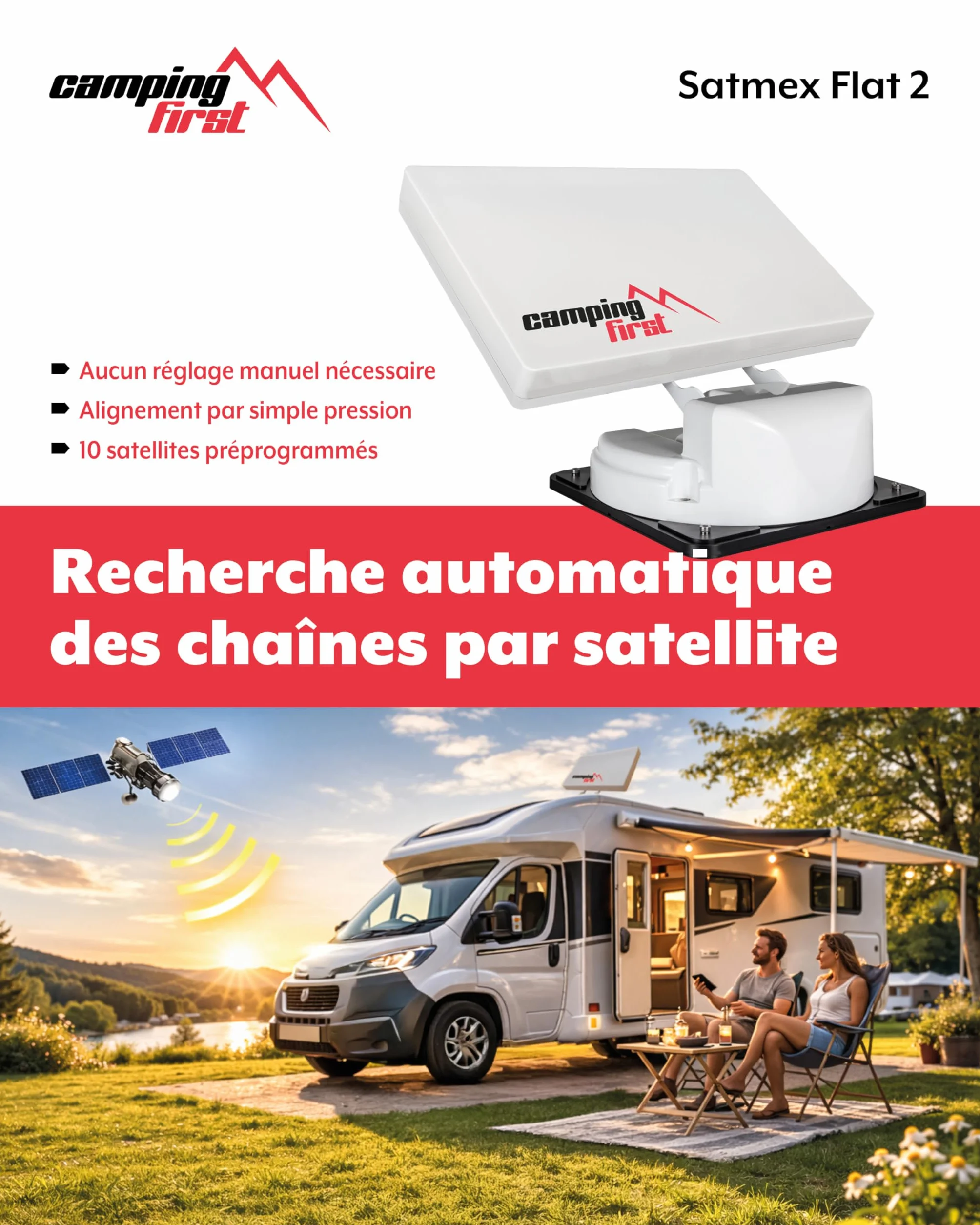 Antenne Satellite de Camping Automatique Flat 2 Blanc pour Caravane et Camping-Car